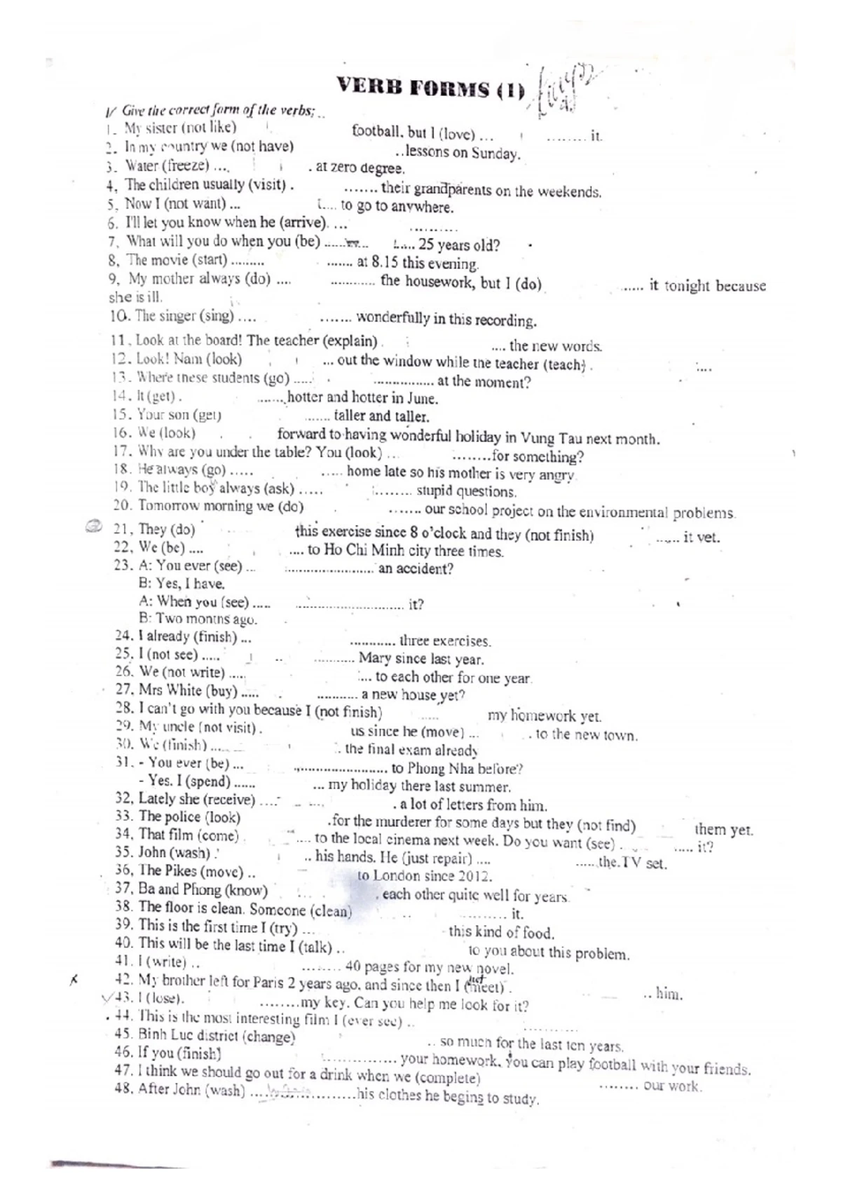 Verb Forms Practice - Exercises for Correct Verb Conjugation - Studocu