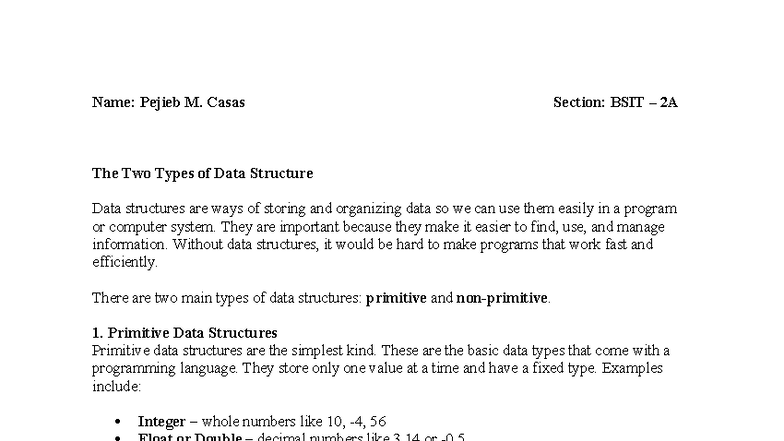 BSIT 2A: Understanding Primitive and Advanced Data Structures - Studocu