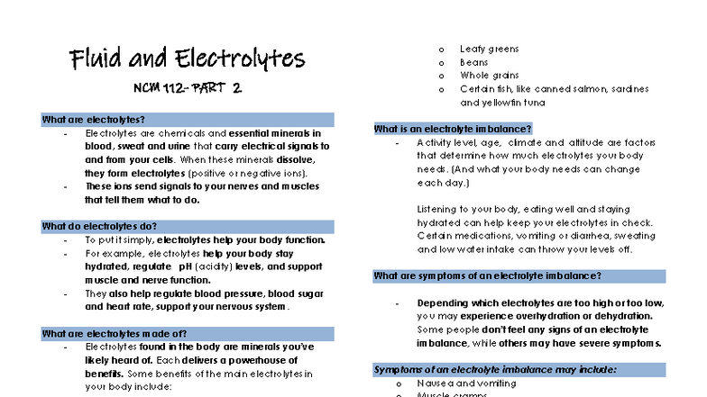 NCM 112 FE Midterm Reviewer: Understanding Fluid and Electrolytes - Studocu