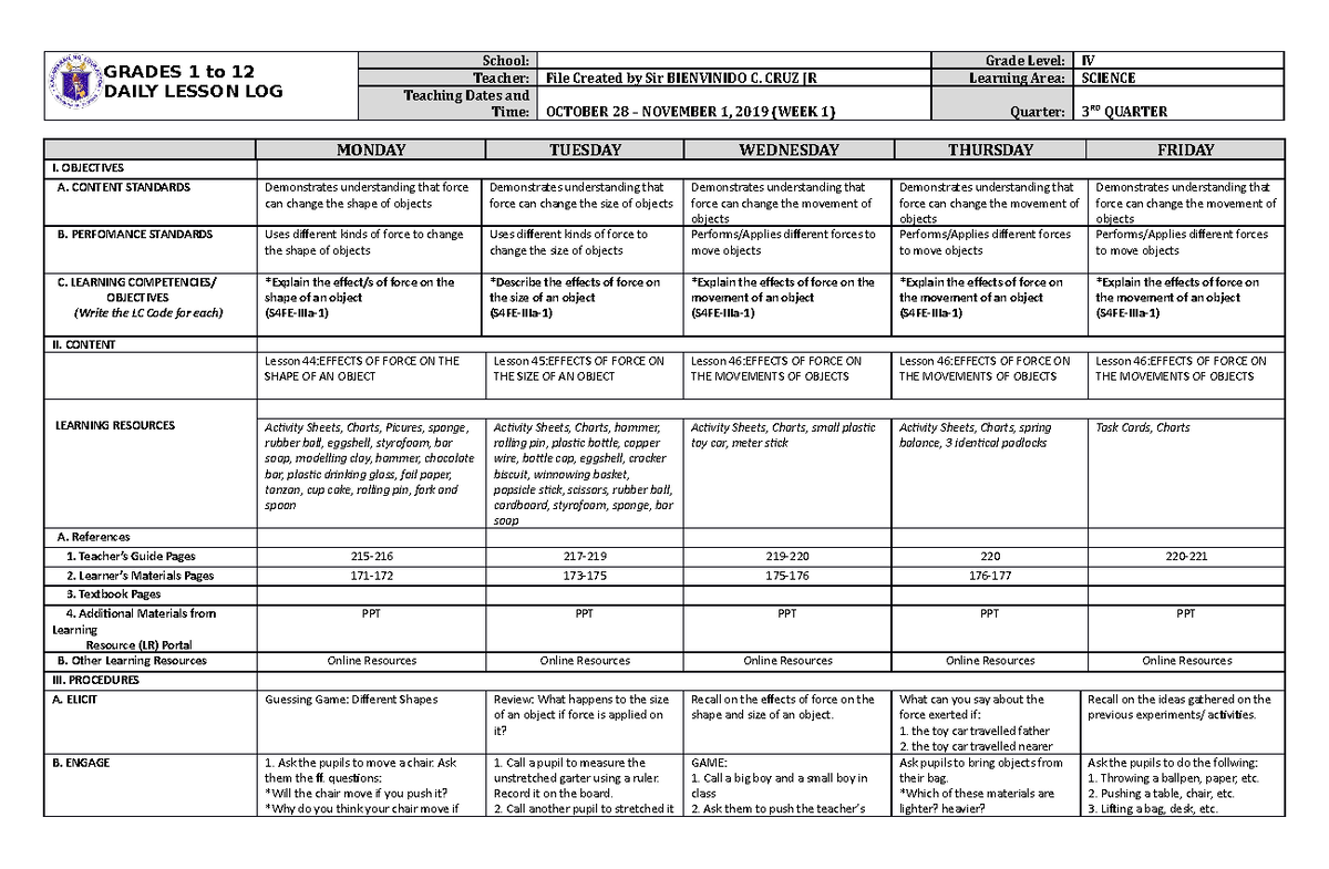 DLL Science 4 Q3 W1 - Daily Lesson Log on Forces and their Effects ...