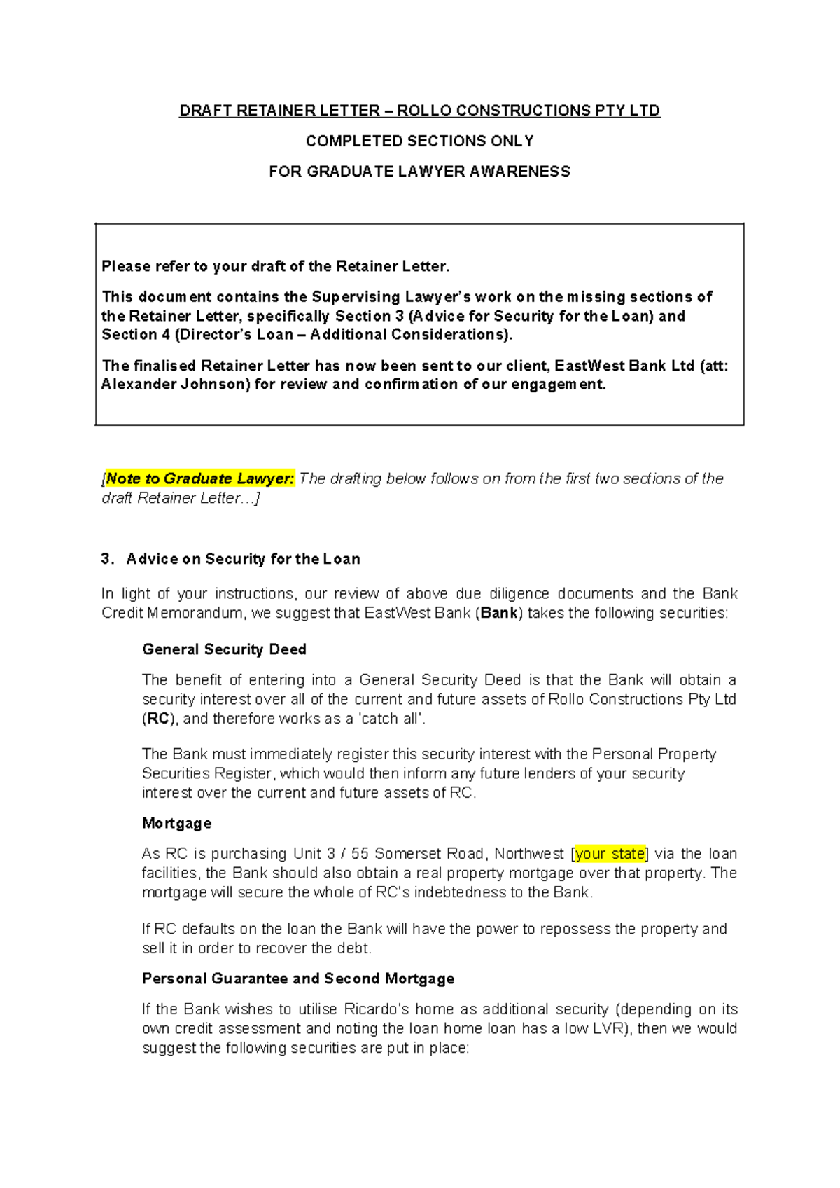 Retainer Letter Draft for Rollo Constructions Pty Ltd - Graduate Lawyer ...
