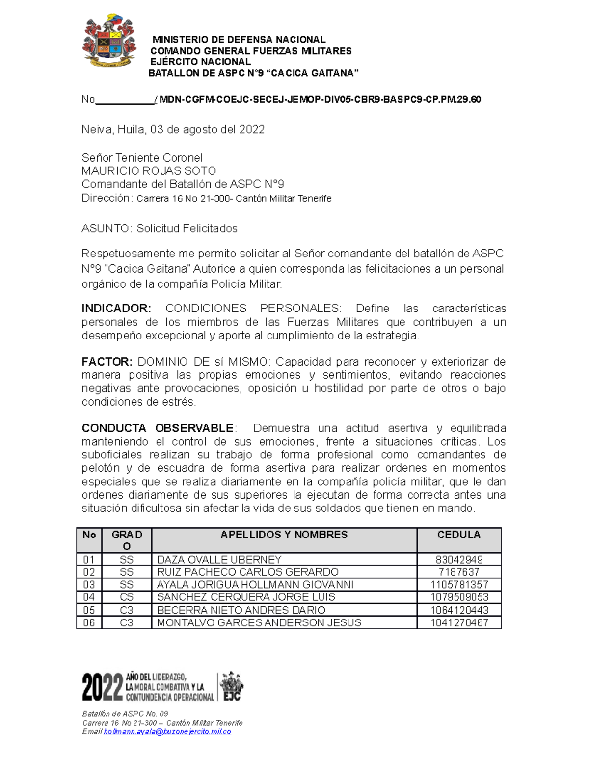 Solicitud de Felicitaciones a Personal de Batallón ASPC N°9 - 03/08/22 - Document Preview