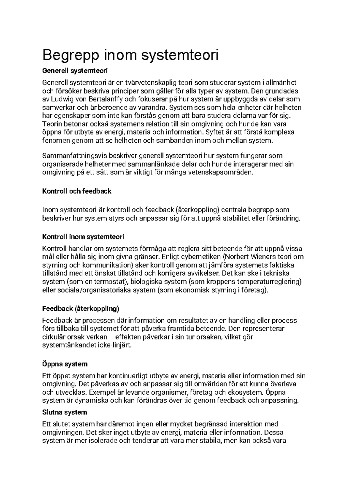 Inför tenta: Begrepp och Teorier inom Systemteori (SYS-ORG) - Studocu