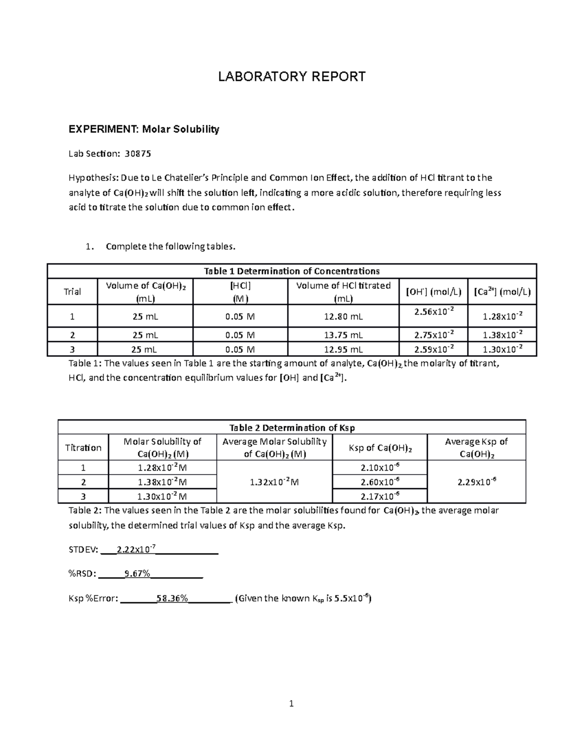 Exp 22 Molar Solubility of Ca(OH)2: Lab Report Analysis and Data - Studocu