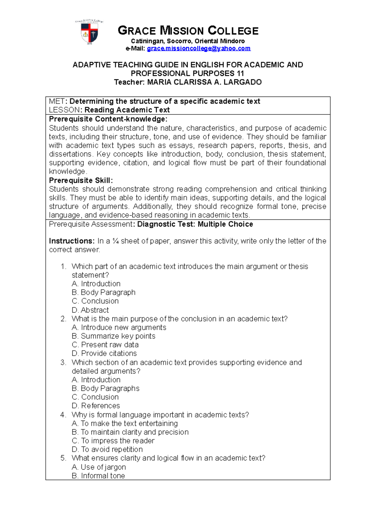 EAPP 11 Lesson Plan: Understanding Academic Text Structures - Studocu