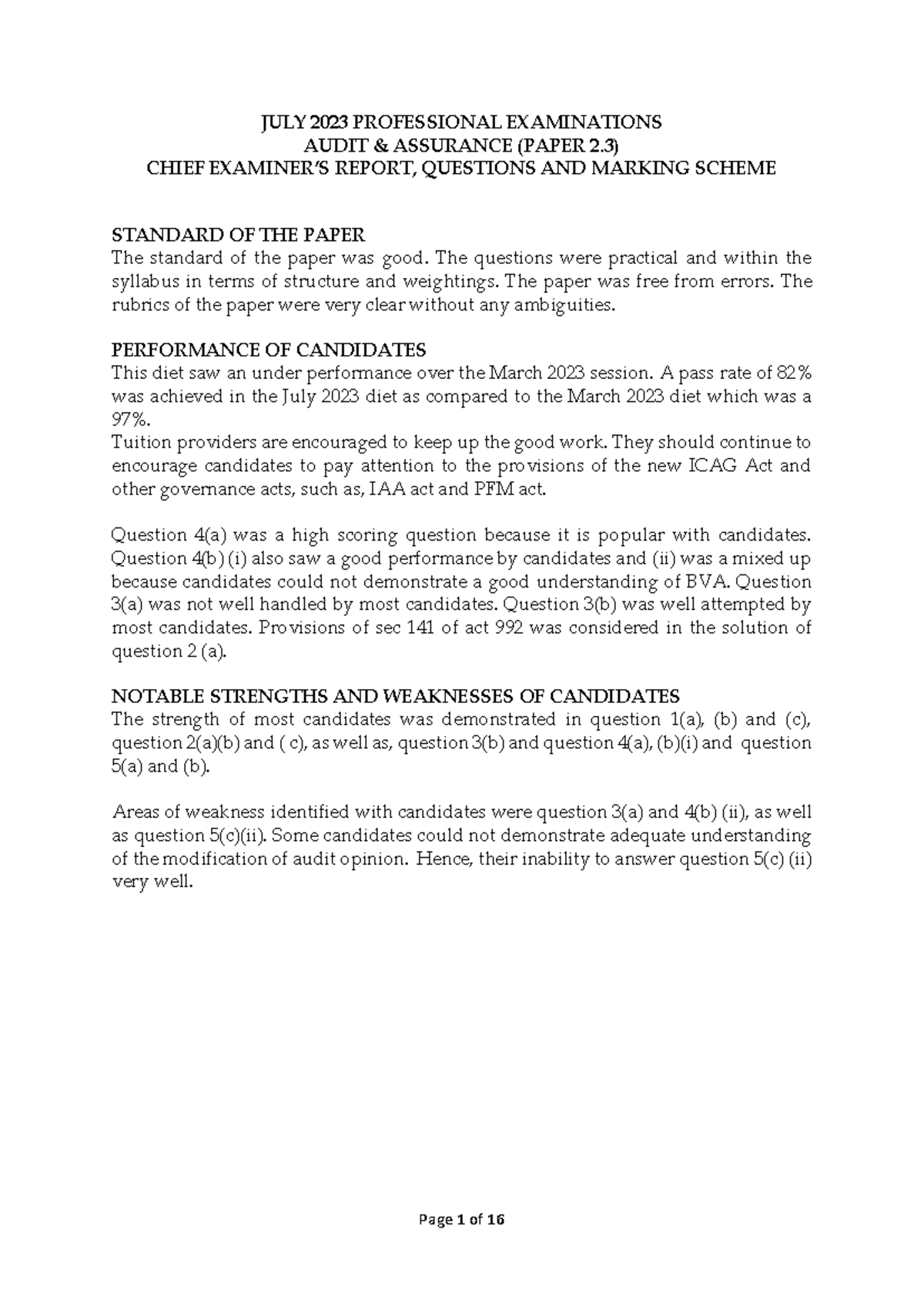 JULY 2023 AUDIT ASSURANCE (PAPER 2.3) EXAM REPORT & MARKING SCHEME ...