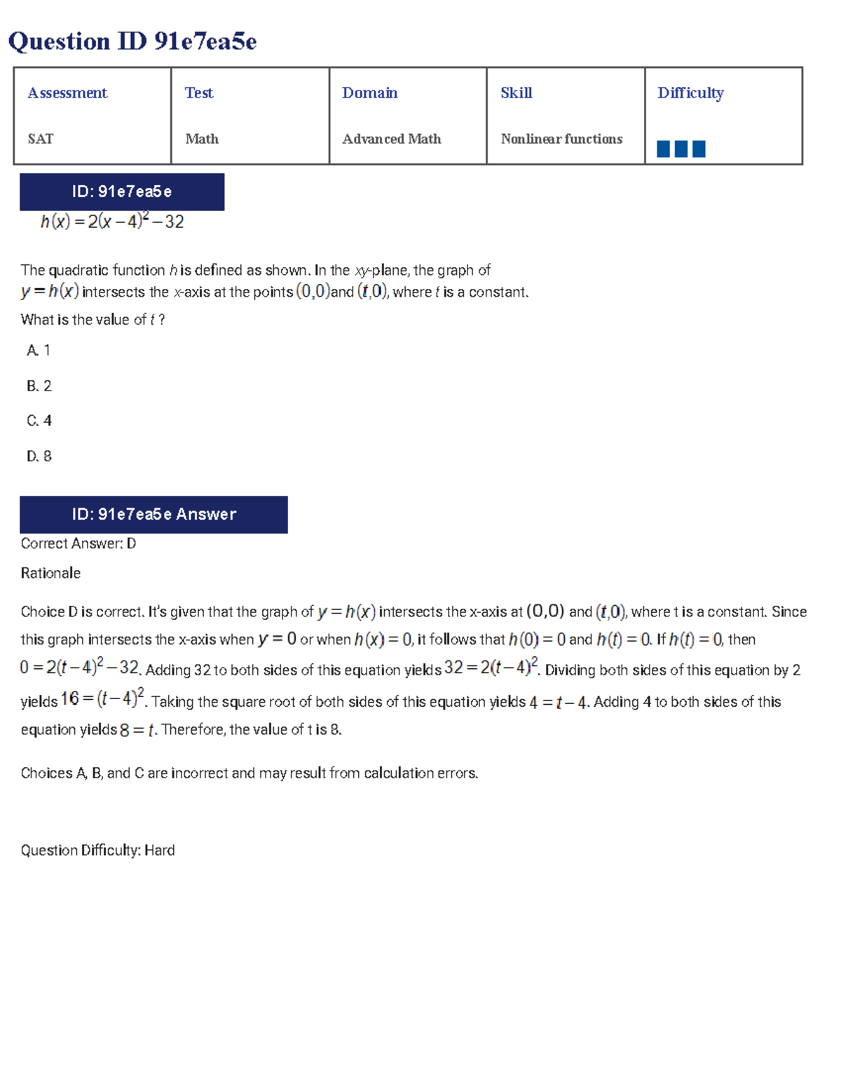 SAT Math Nonlinear Functions Answers (Advanced) - Studocu