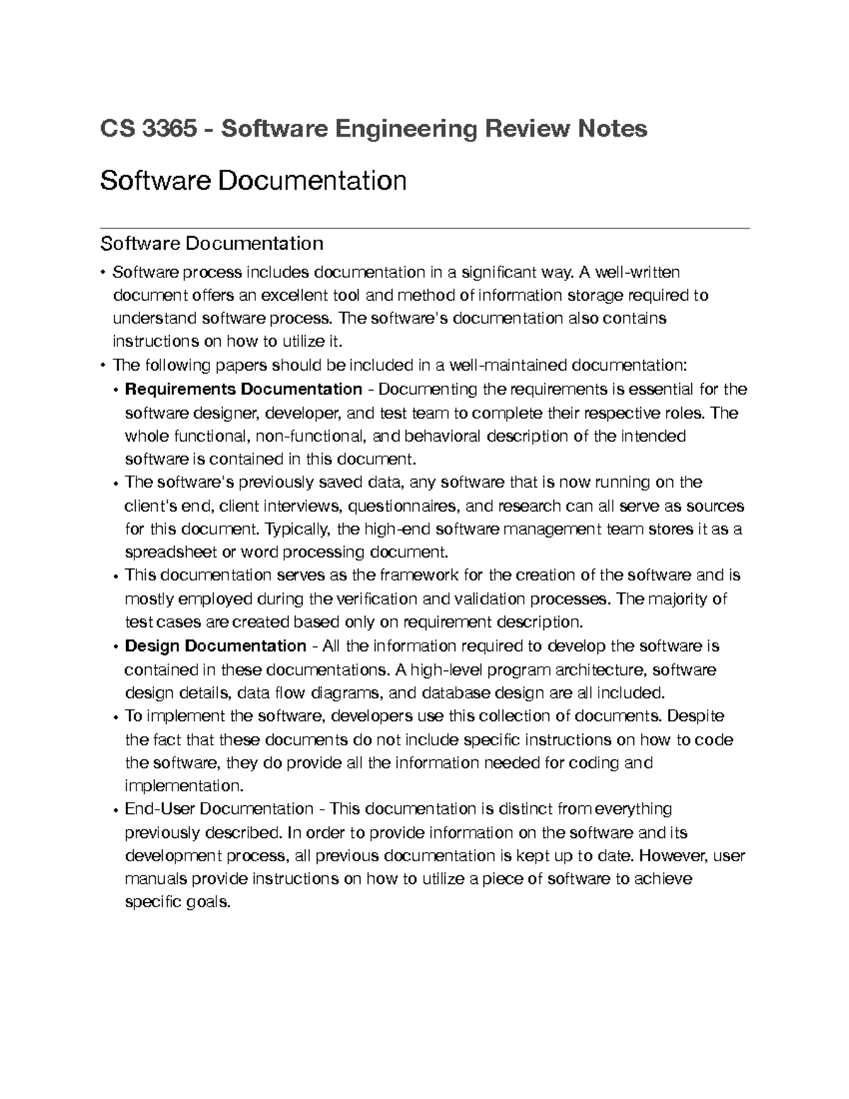 CS 3365 - Comprehensive Software Documentation Review Notes - Studocu