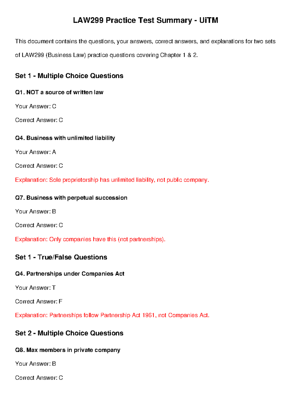 LAW299 Business Law Practice Test Summary and Explanations - Studocu
