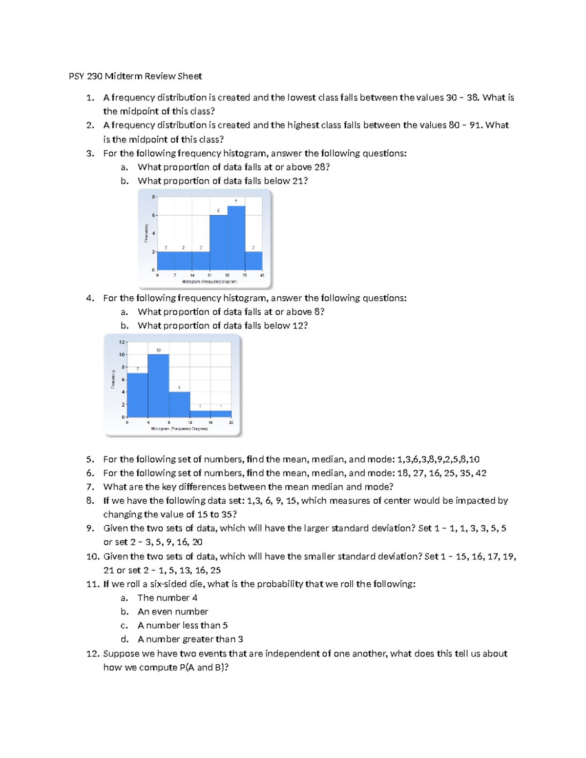 PSY 230 Midterm Review Sheet: Key Concepts and Data Analysis - Studocu