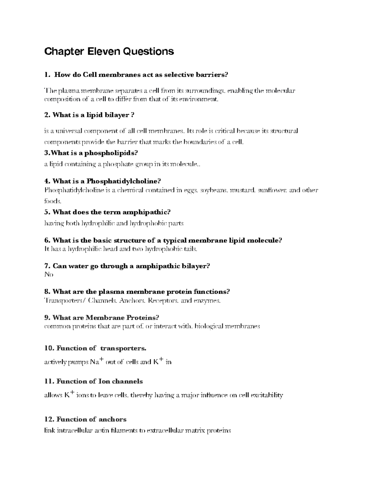 Chp 11 Q&A - Lecture Notes on Cell Membranes and Proteins - Studocu