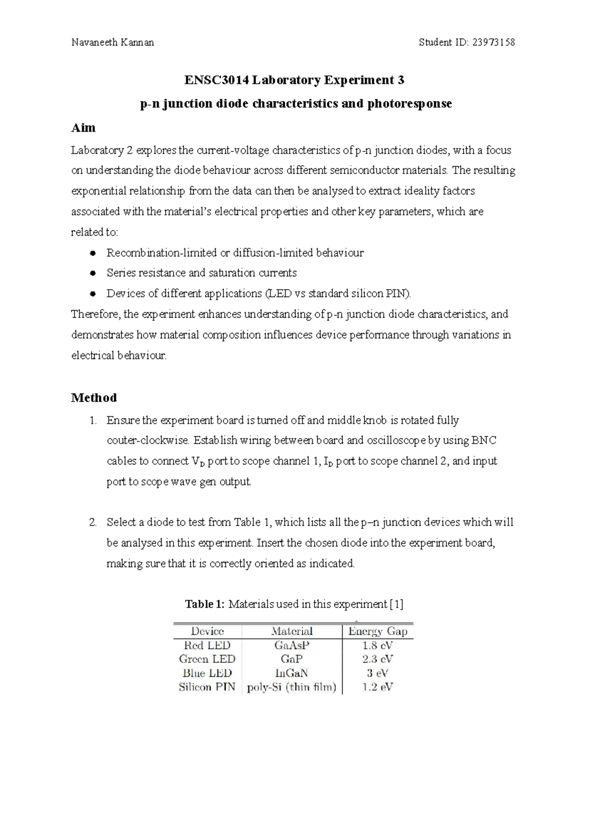 ENSC3014 Lab Report 3: Junction Diode Characteristics & Photoresponse ...