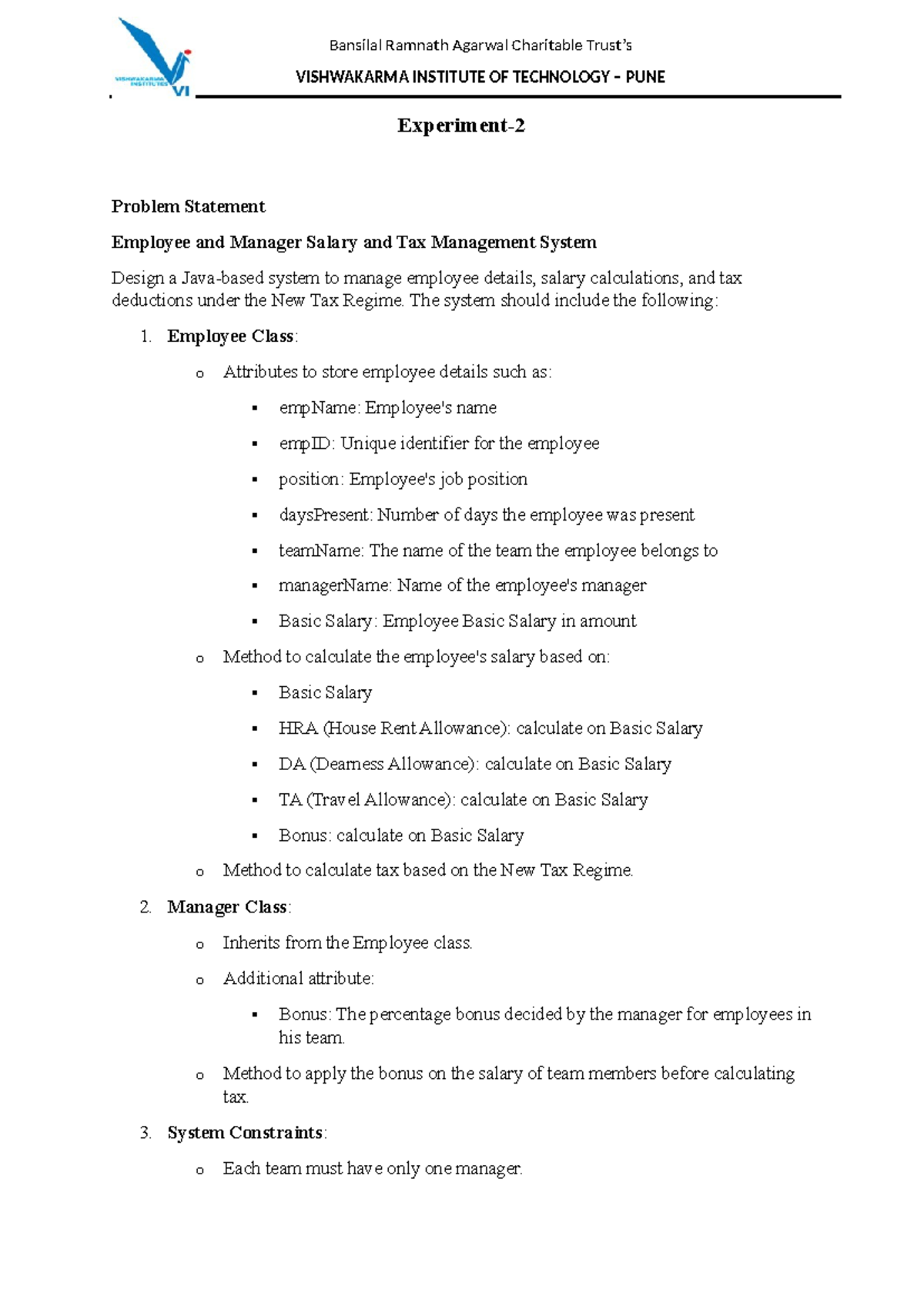 Assignment 2: Employee & Manager Salary Tax Management System Design ...