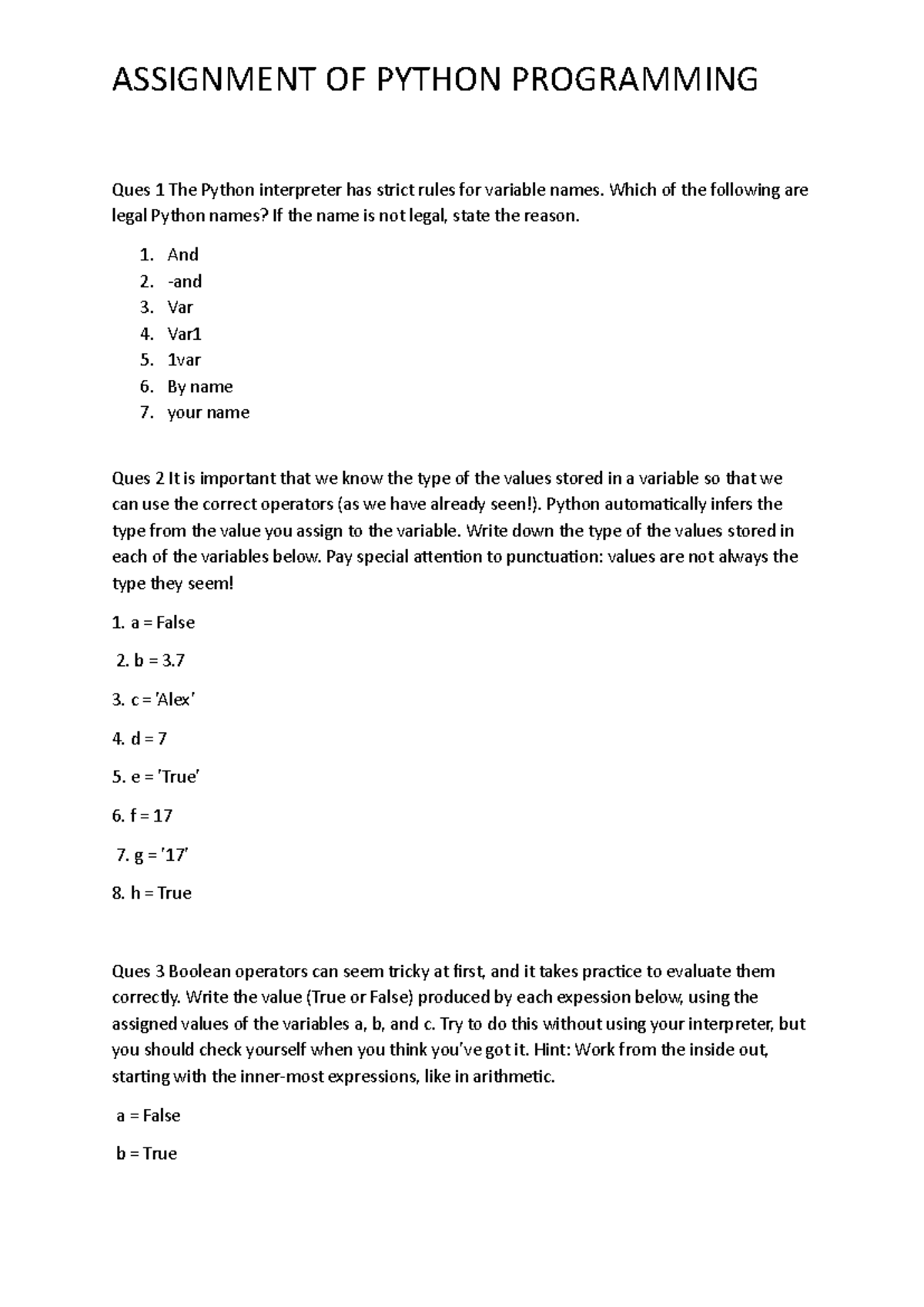 Assignment 1: Python Programming Q&A on Variables and Types - Studocu