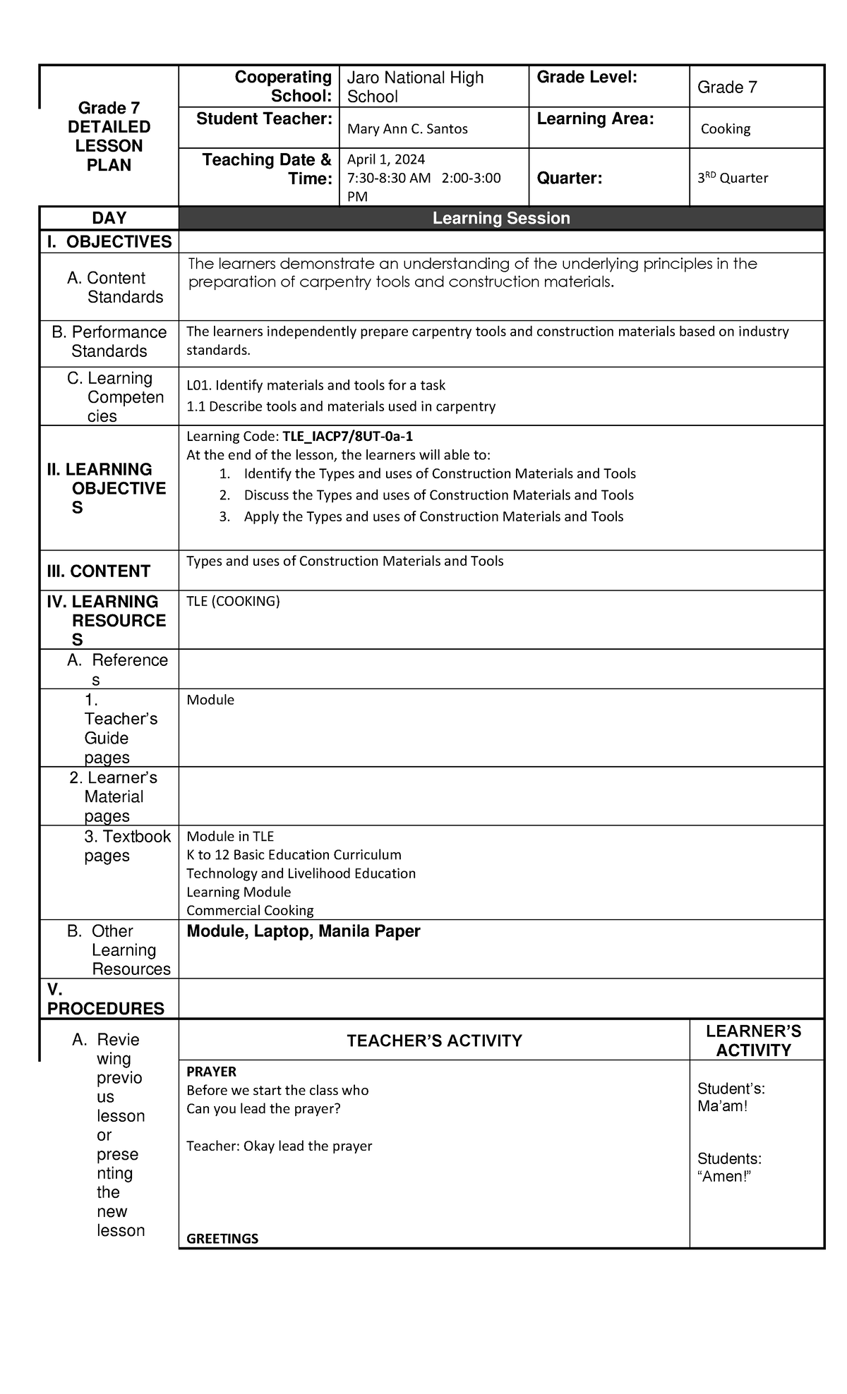 Lesson Plan: TLE Grade 7 - Cooking (3rd Quarter, April 2024) - Studocu