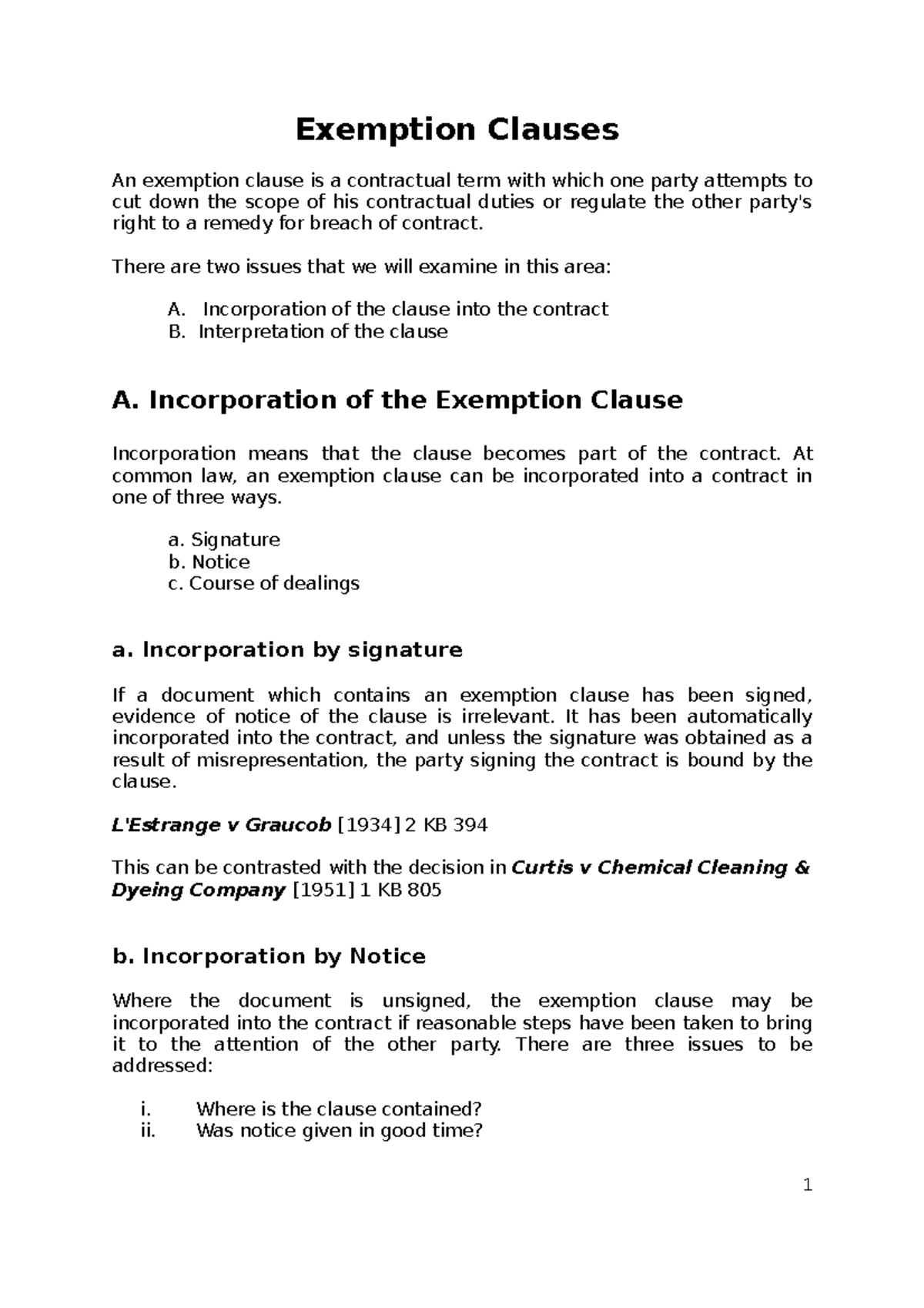 Exemption Clause Handout 21 - Exemption Clauses An exemption clause is ...