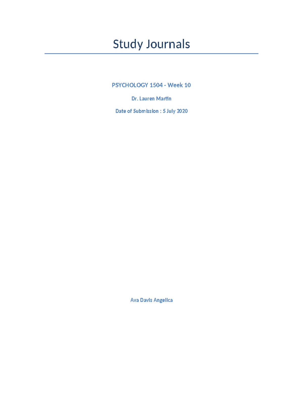 Psychology 1504 - Week 10 Study Journal Insights and Reflections - Studocu