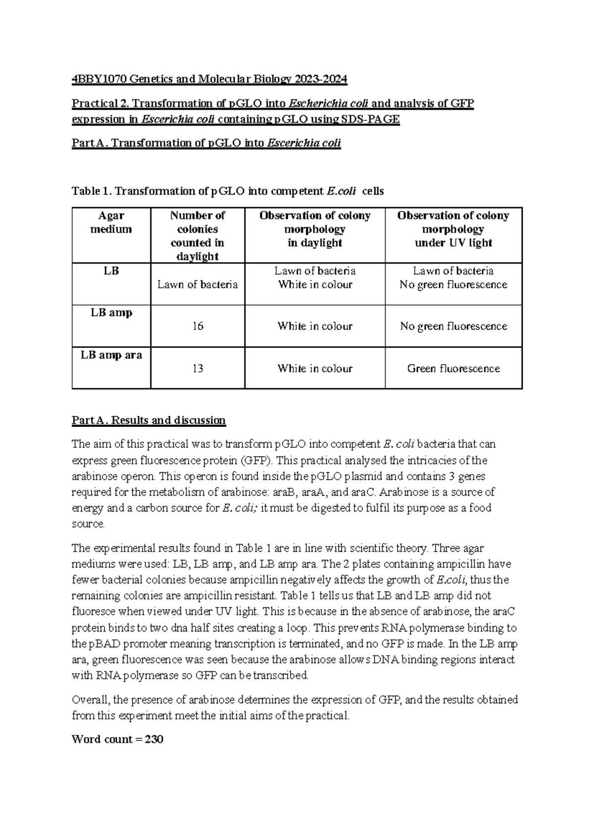 4BBY1070 Practical 2: Transformation of pGLO in E. coli & GFP Analysis ...