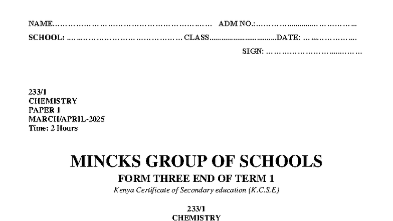 FORM 3 CHEMISTRY END OF TERM 1 EXAM PAPER 2025 - Studocu