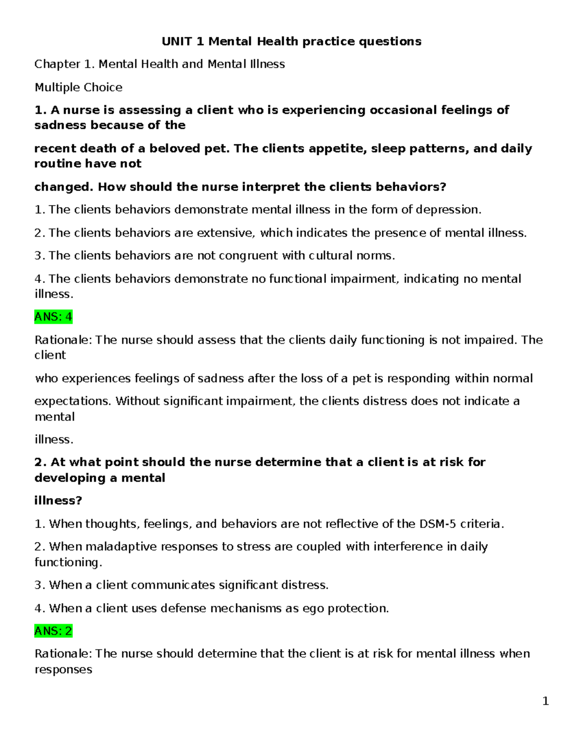 UNIT 1 Mental Health Practice Questions Review for Exam - Studocu