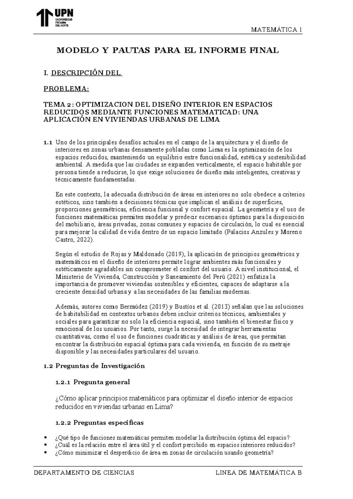 MATEMÁTICA 1: OPTIMIZACIÓN DEL DISEÑO INTERIOR EN VIVIENDAS URBANAS ...