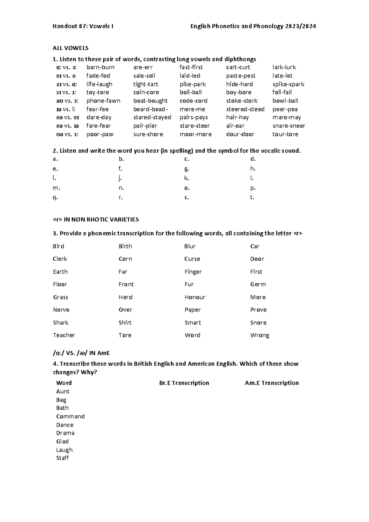 Handout 07: Vowel Sounds in English Phonetics & Phonology 2023 - Studocu