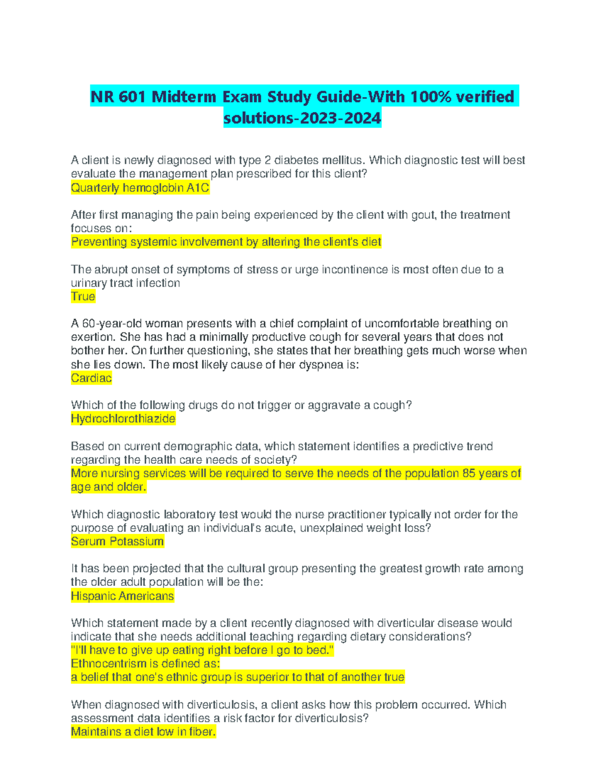 NR 601 Midterm Exam Study Guide: 100 Verified Solutions for 2023-2024 ...