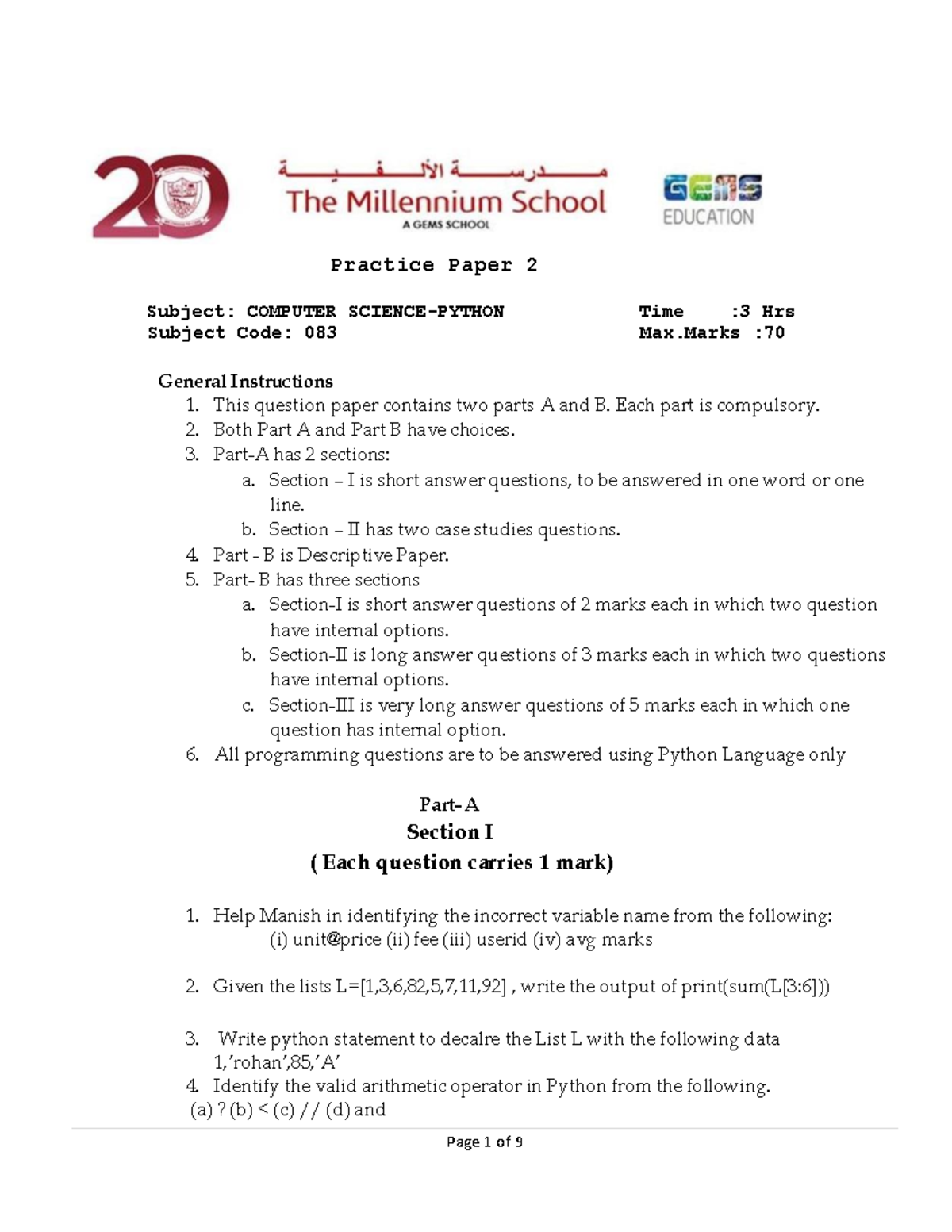 Final Exam Practice Paper - Computer Science-Python 083 - Studocu