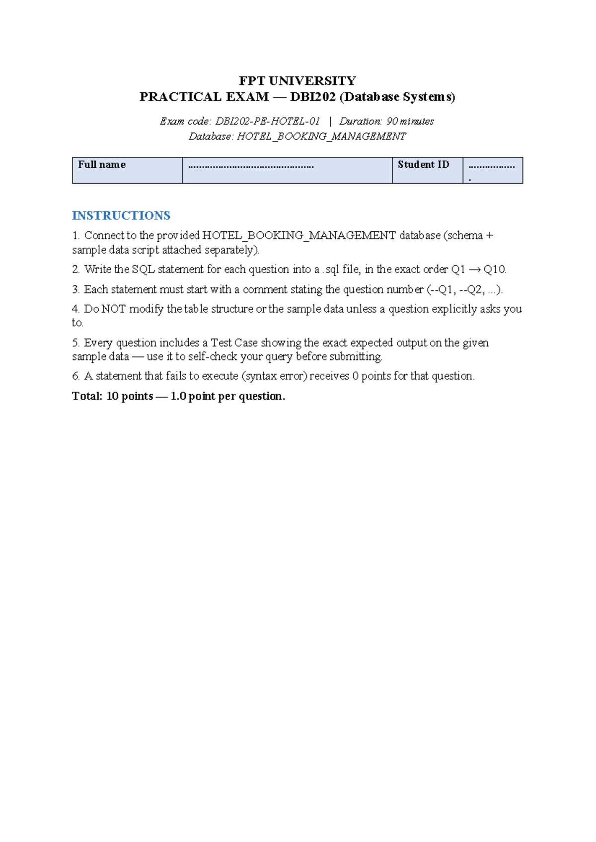 DBI202 Practical Exam: SQL Queries for HOTEL_BOOKING_MANAGEMENT - Studocu