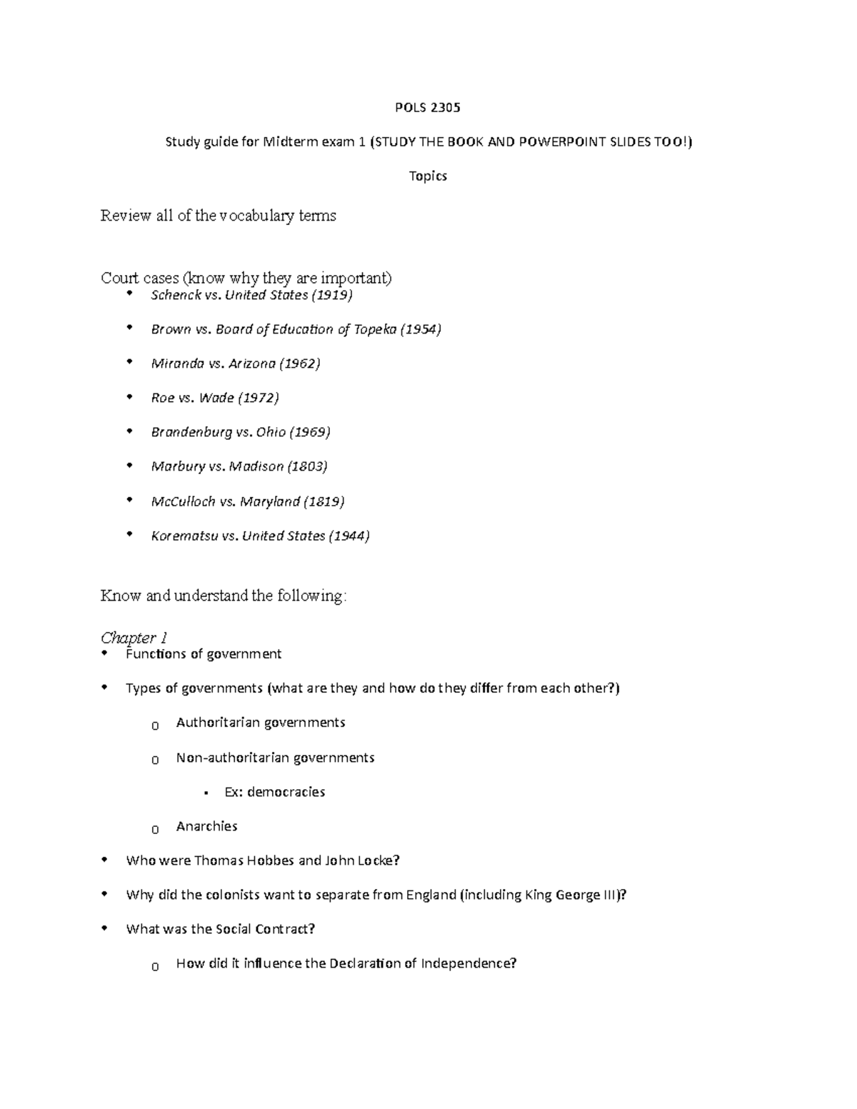 POLS 2305 Midterm Exam 1 Study Guide - Fall 2020 Essentials - Studocu