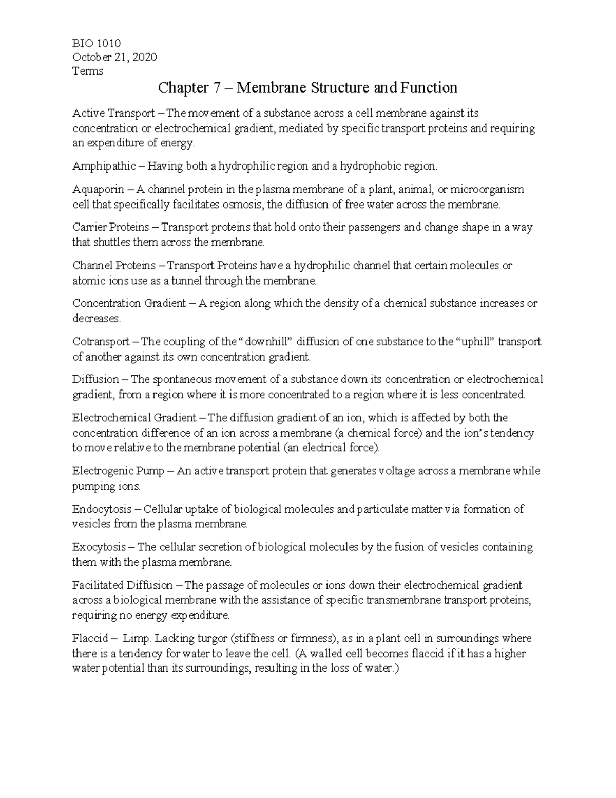 Chapter Seven Terms - BIO 1010 October 21, 2020 Terms Chapter 7 ...