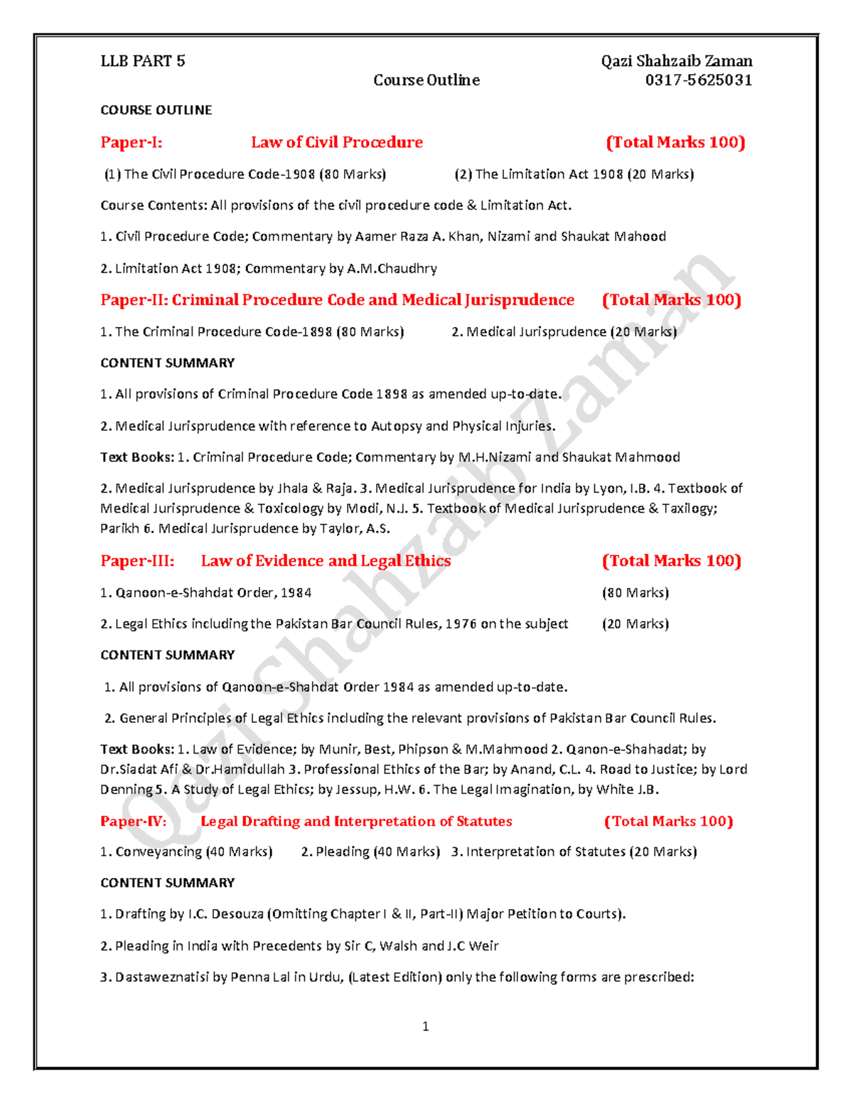 LLB Part 5 Course Outline (2021-2026) - Law of Civil Procedure & More ...
