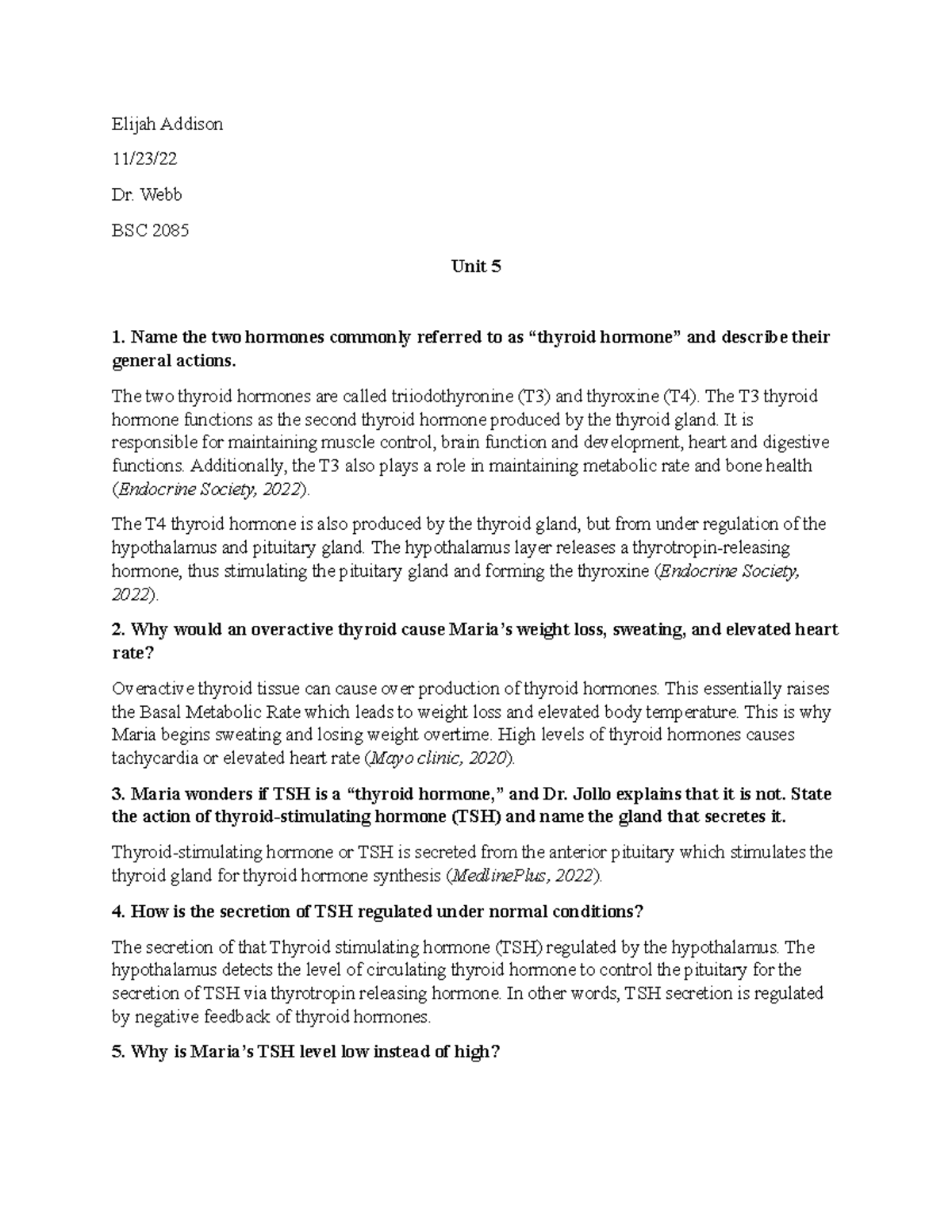BSC 2085 Unit 5 Report: Thyroid Hormones and Their Functions - Studocu