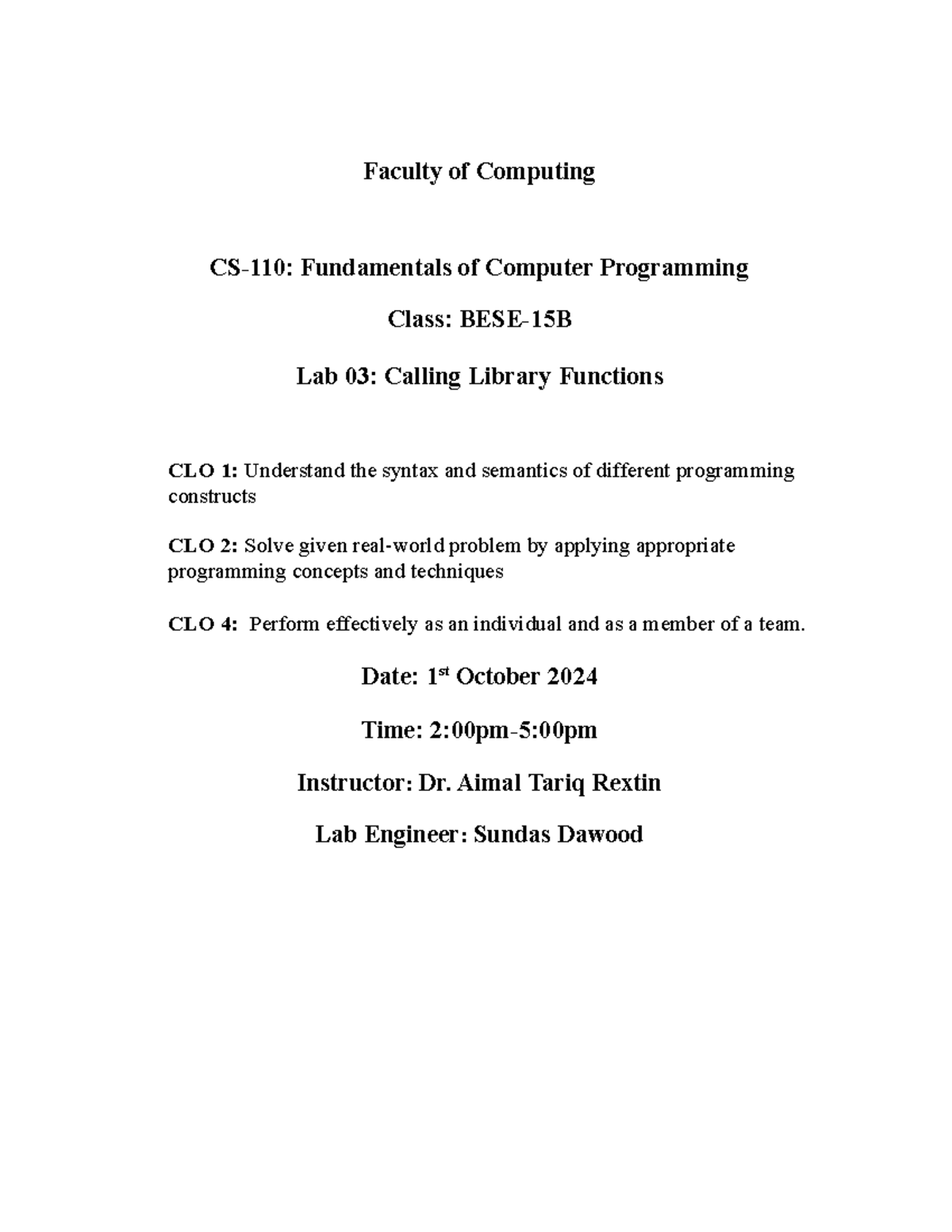 Lab 3 - Thats it. - Faculty of Computing CS-110: Fundamentals of ...