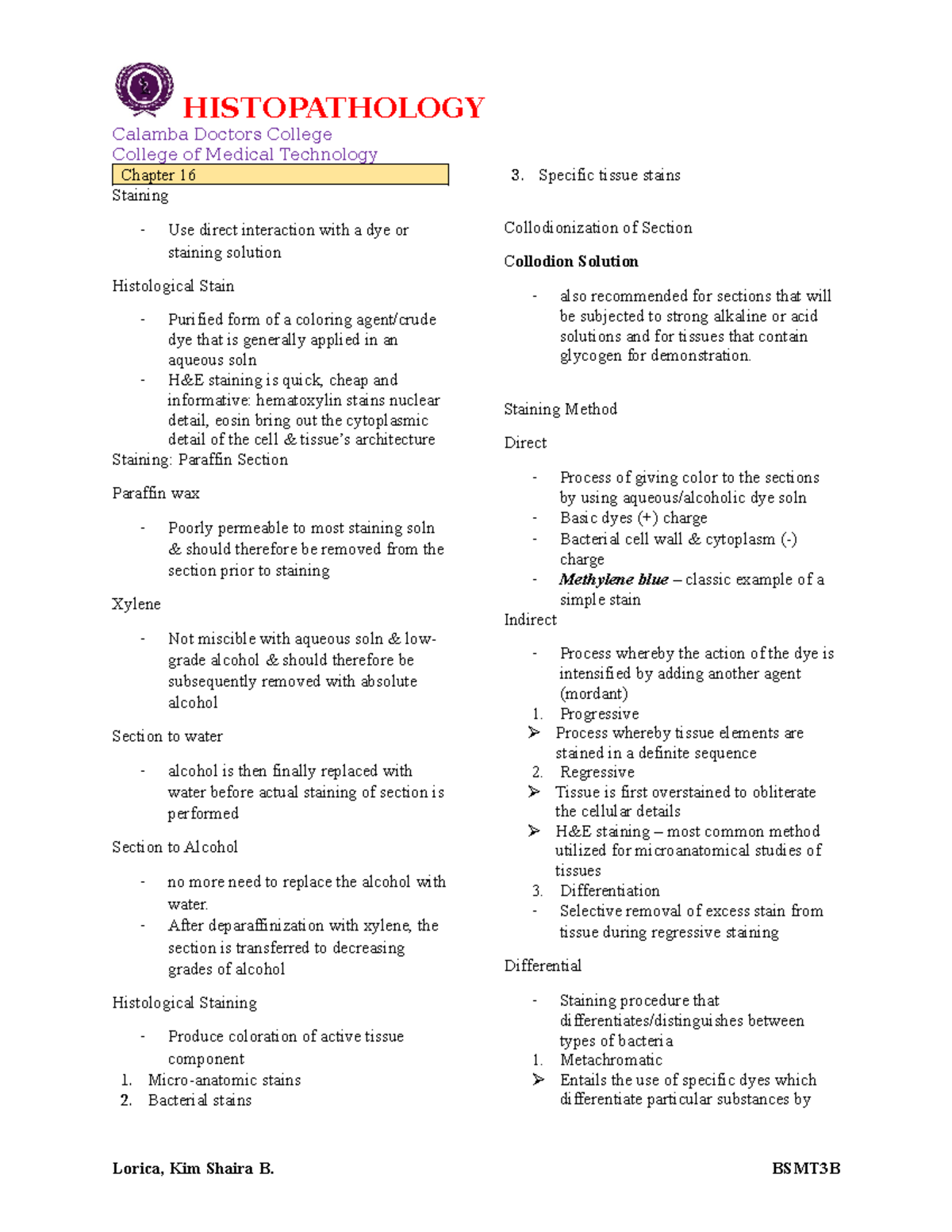 Chapter 16 Staining Techniques in Histopathology (MEDT 101) - Studocu