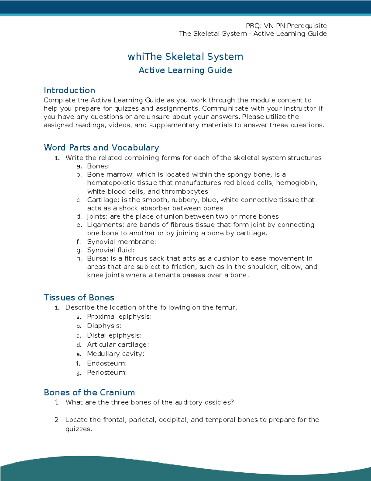 3Assignment - Active Learning Guide (Ch. 3 - Skeletal System) - The ...