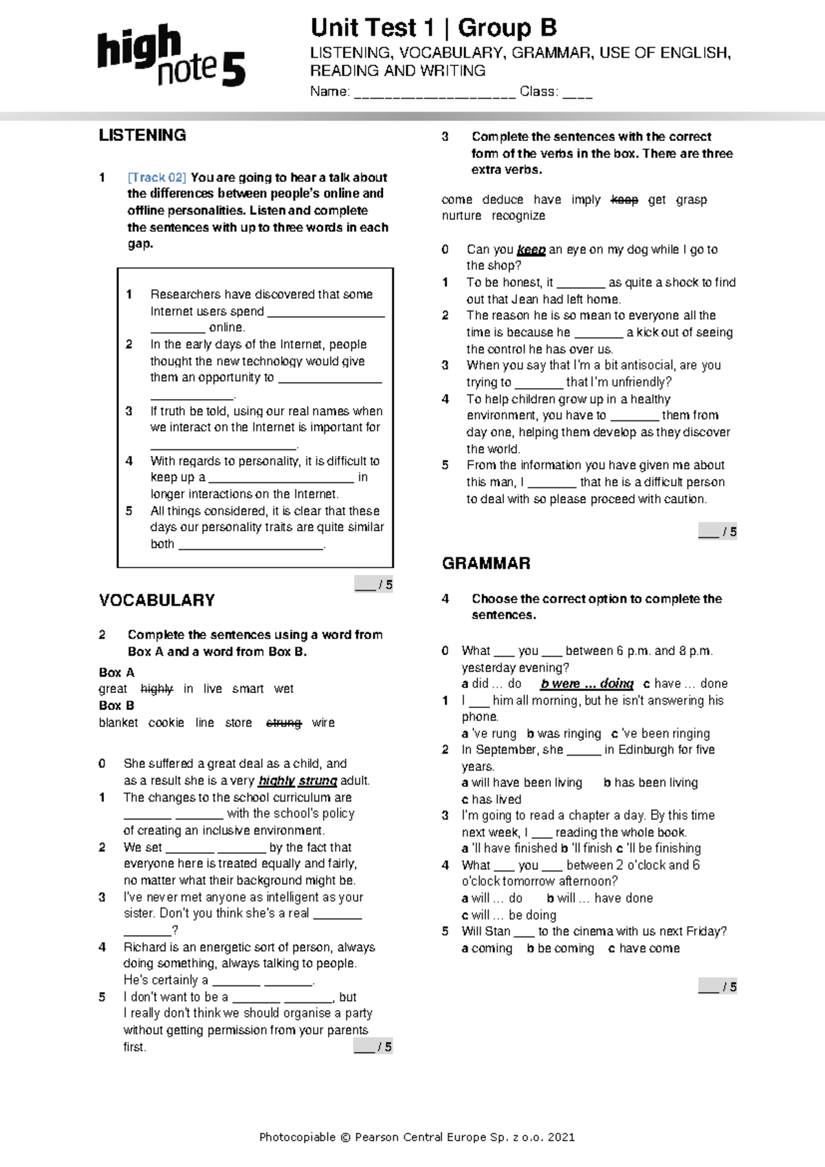 High Note 5 U1 Unit Test B: Listening, Vocabulary, Grammar, Reading ...