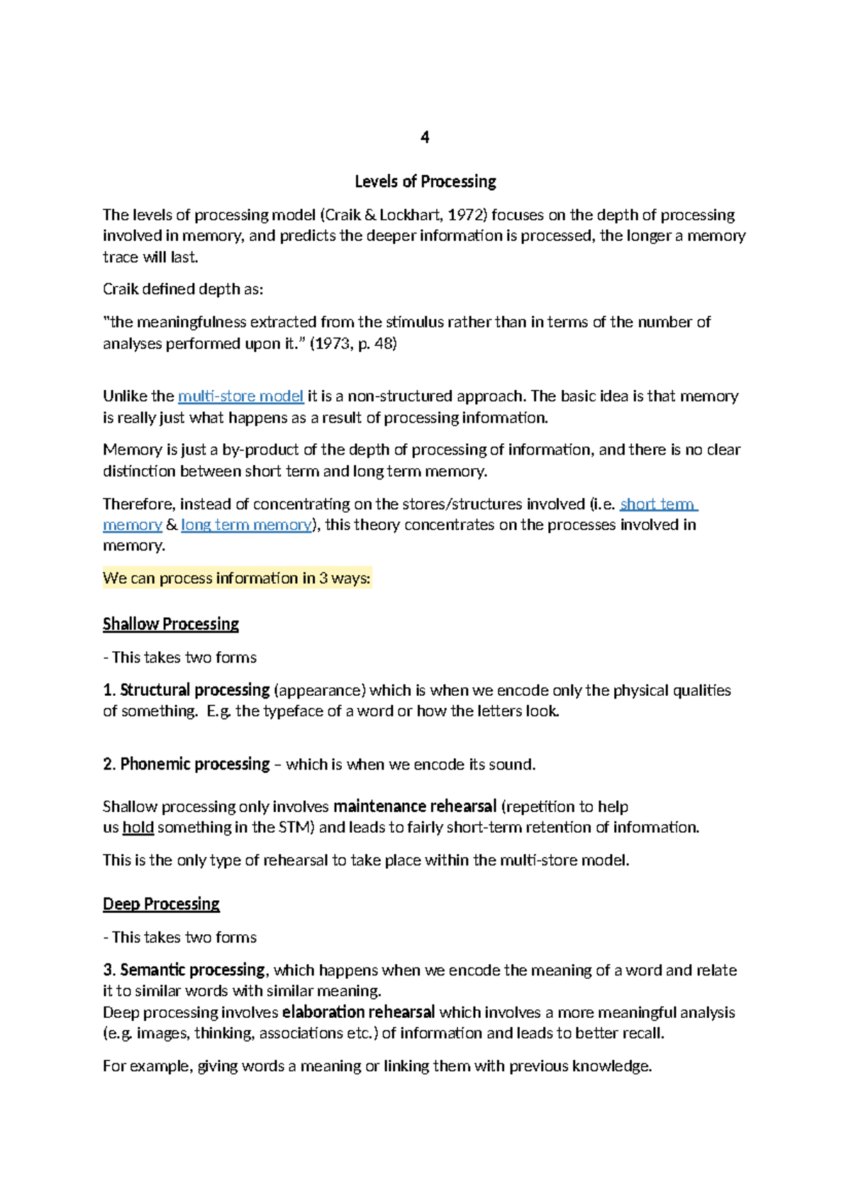 Level of processing 4 - cognitive psychiology - 4 Levels of Processing ...