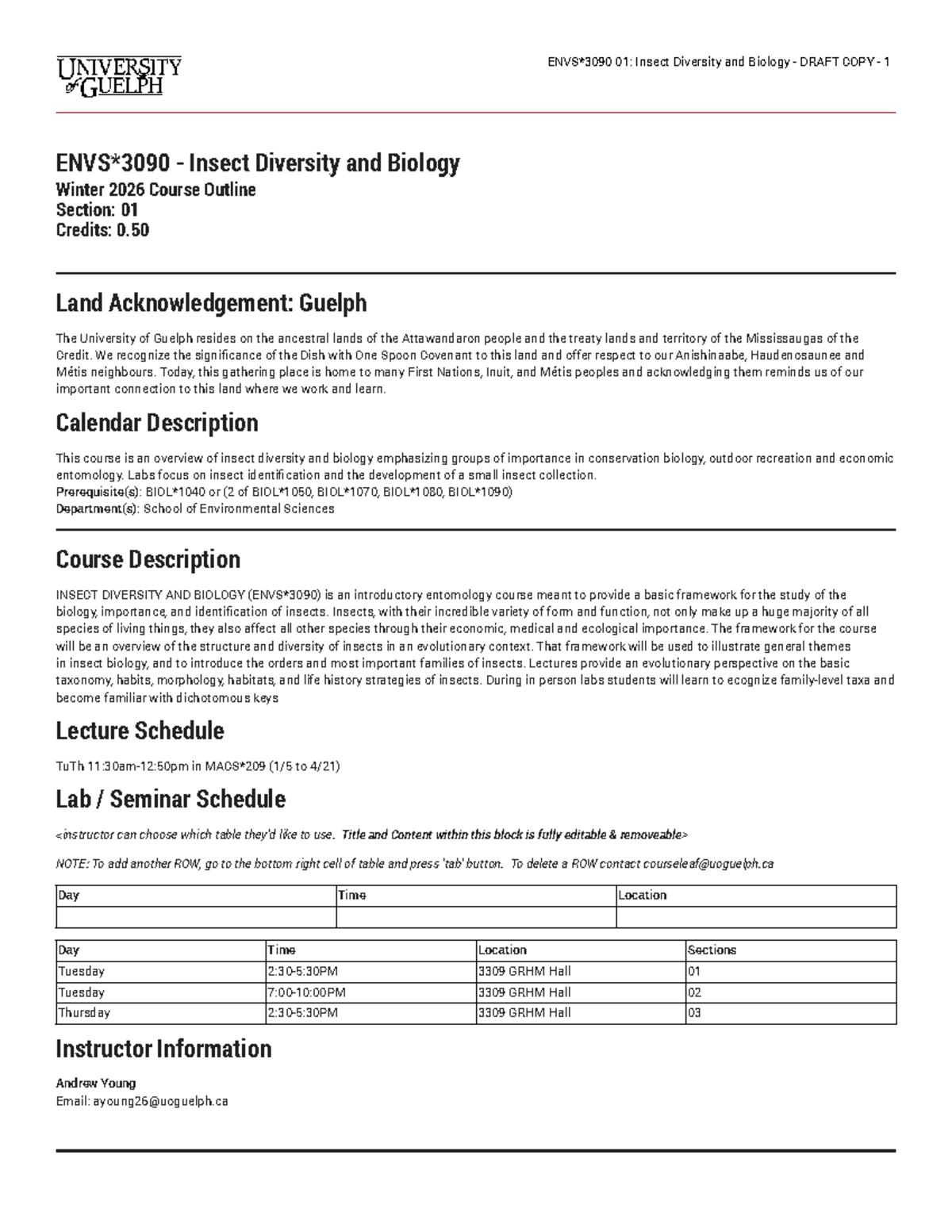 ENVS 3090: Insect Diversity and Biology Course Outline Winter 2026 ...