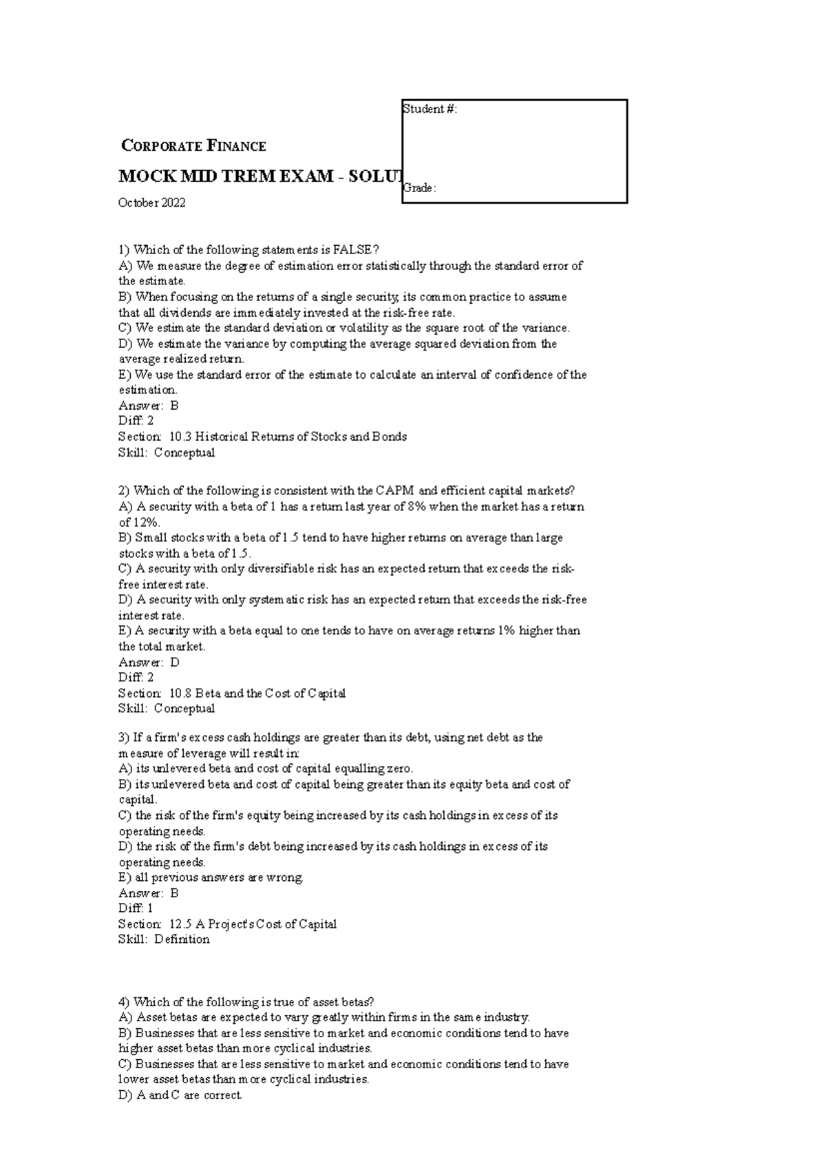 Mock Midterm Exam Solutions - Corporate Finance (October 2022) - Studocu