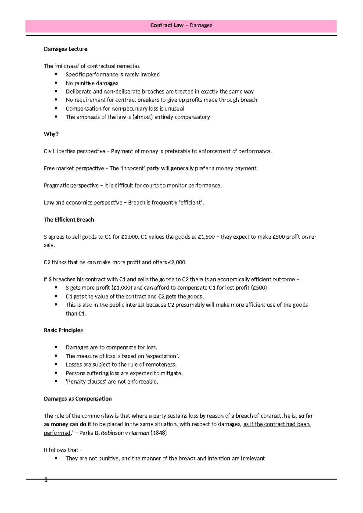 Contract Law (LAW101): Damages Lecture Notes and Key Principles - Studocu