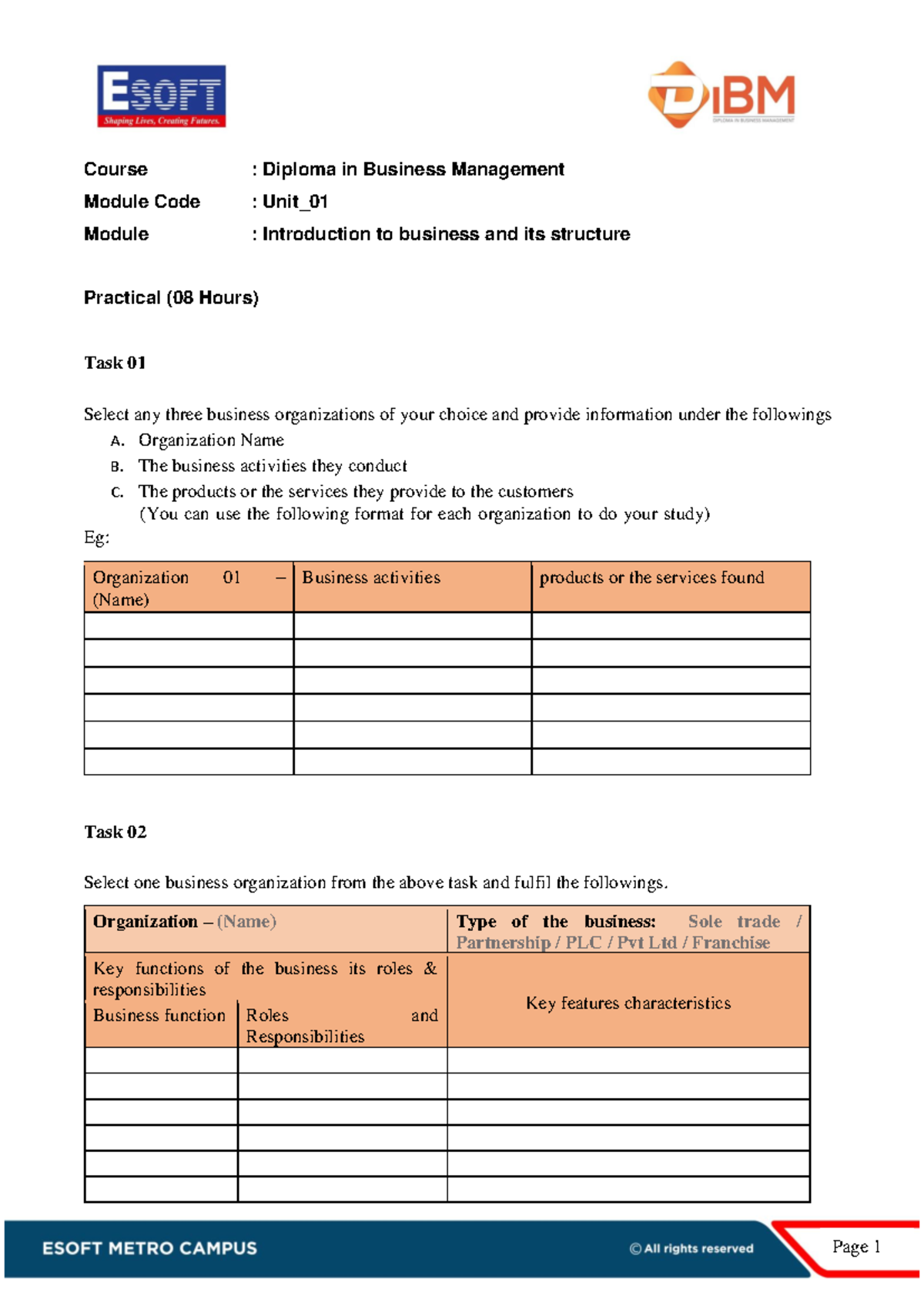 3328-1690455480464-Practicals U1 - Page 1 Course : Diploma in Business ...