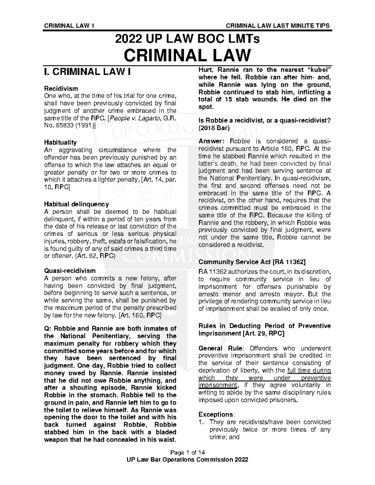 2022 UP LAW BOC Criminal Law Last Minute Tips (LMTs) - Studocu