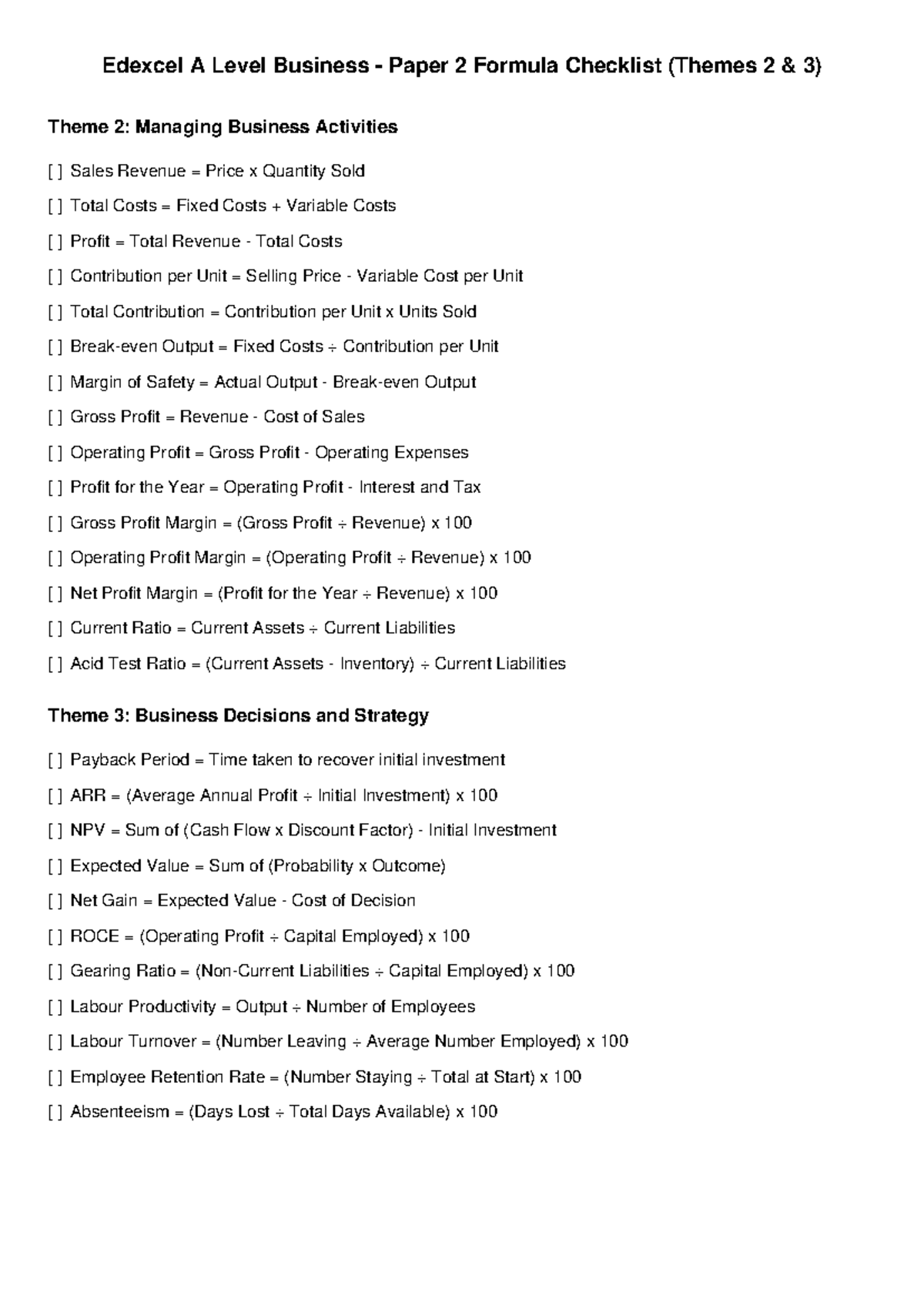 Edexcel A Level Business Paper 2 Formula Checklist (Themes 2 & 3) - Studocu