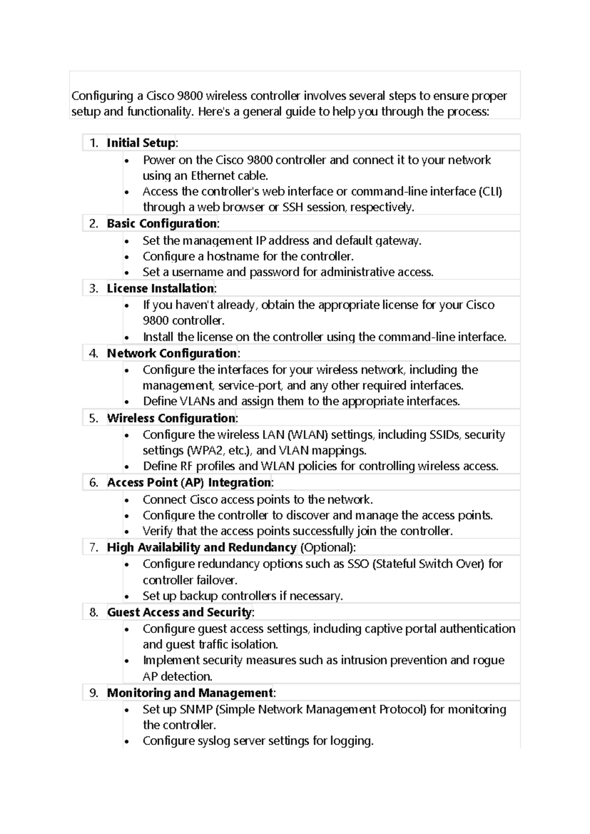 Configuring a Cisco 9800 wireless controller involves several steps to ...