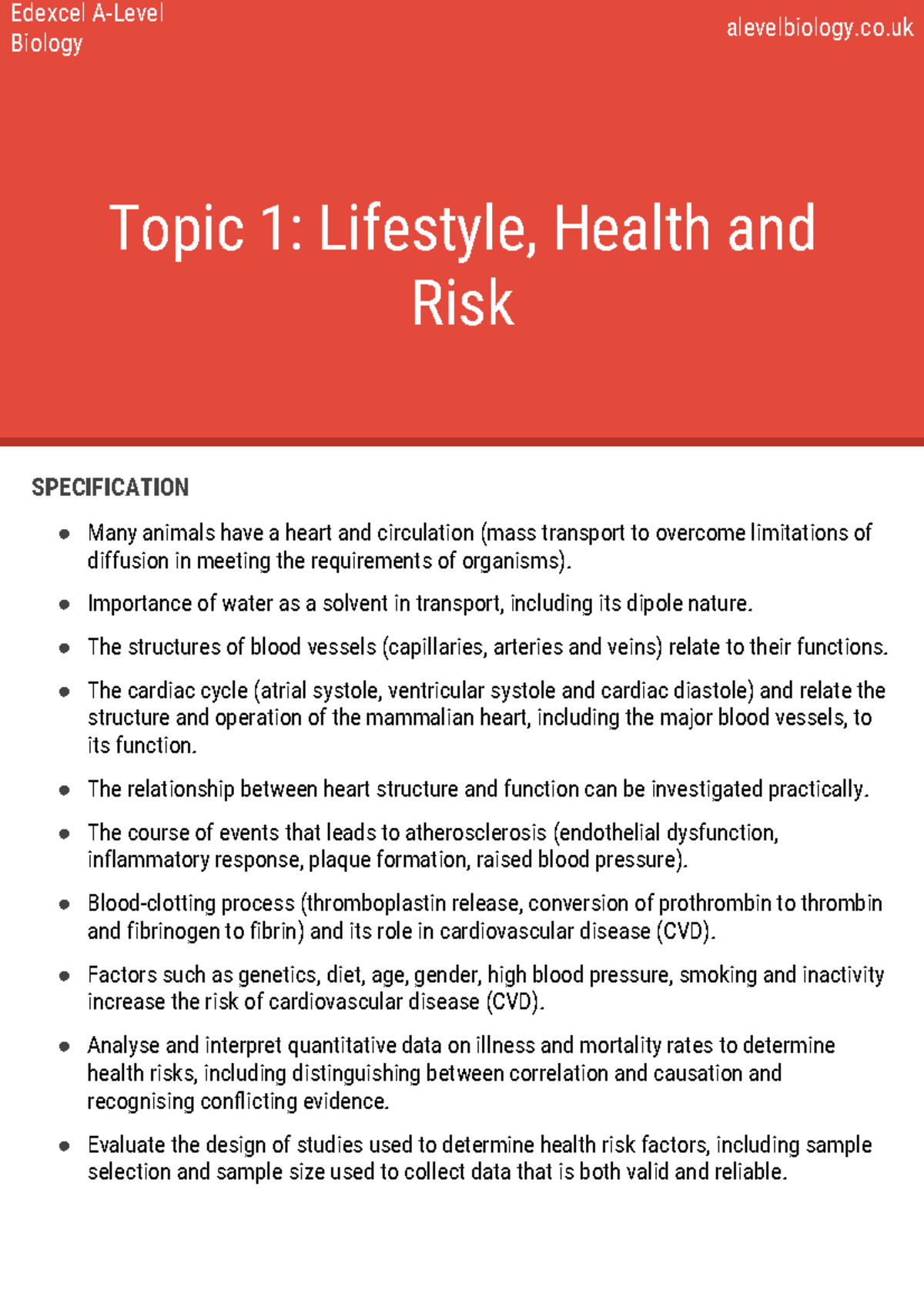 Edexcel Biology A-Level: Topic 1 - Lifestyle, Health & Risk Overview ...