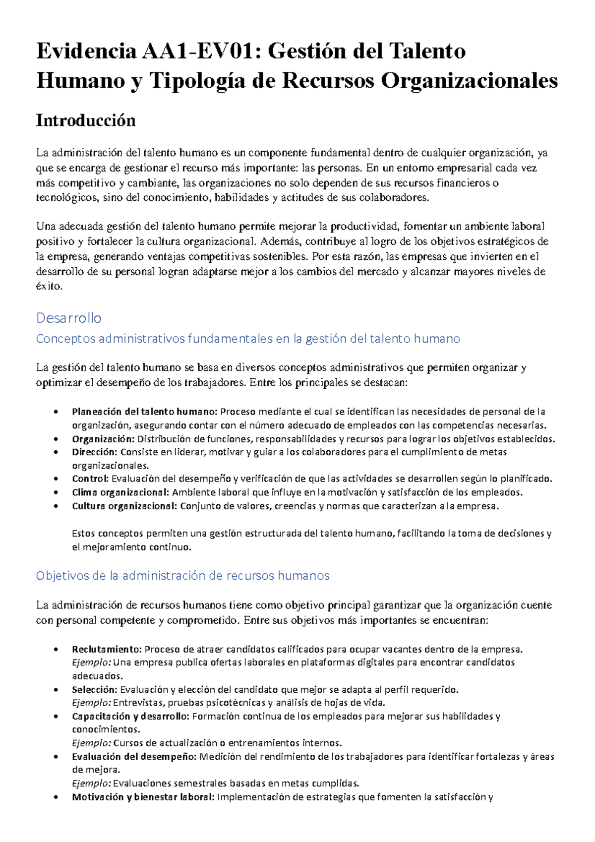 Gestión del Talento Humano y Recursos Organizacionales - AA1 - Document Preview