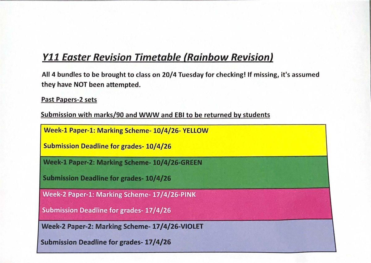 Y11 Easter Revision Timetable (Rainbow Revision) 2023 - Studocu