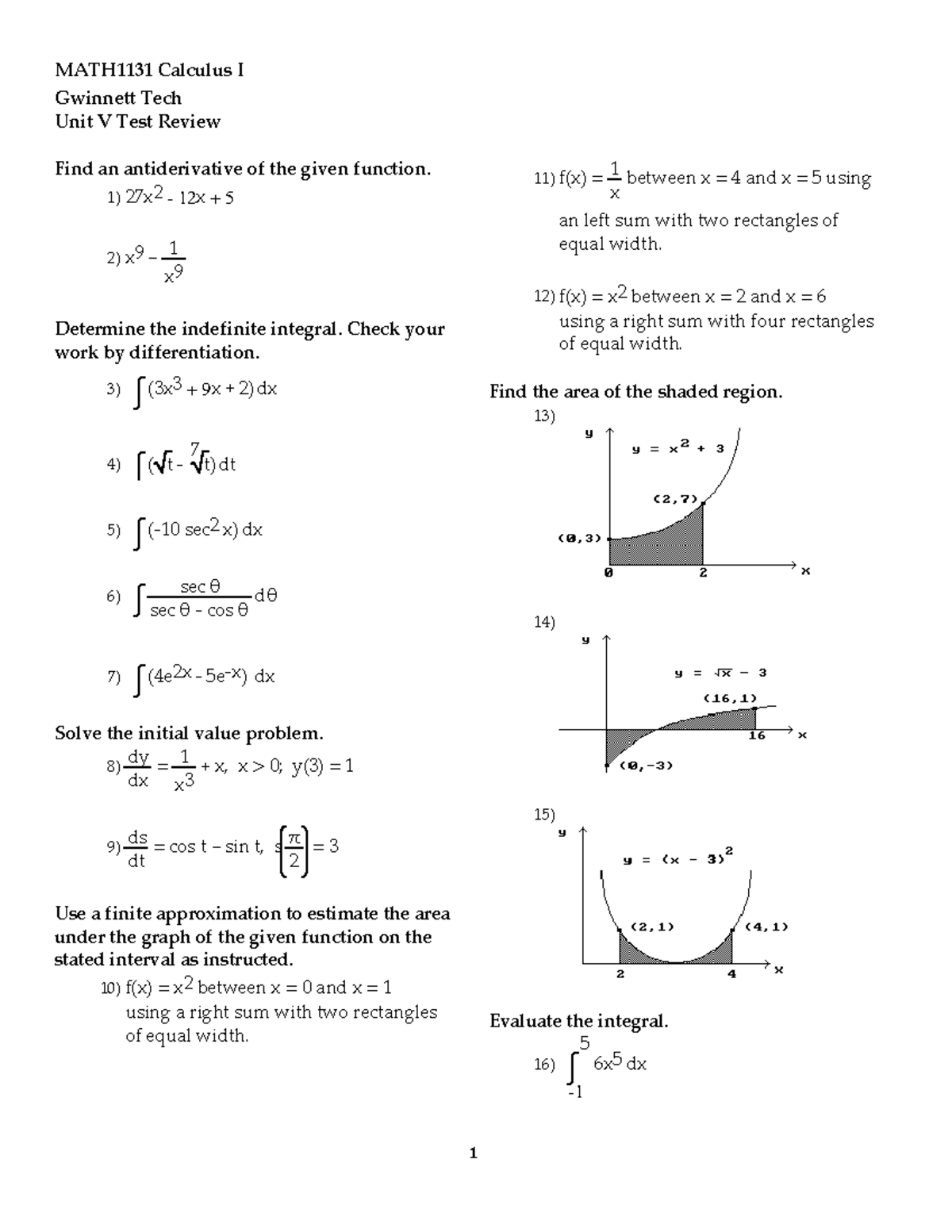 Math 1131 Unit V Test Review - MATH1131 Calculus I Gwinnett Tech Unit V ...