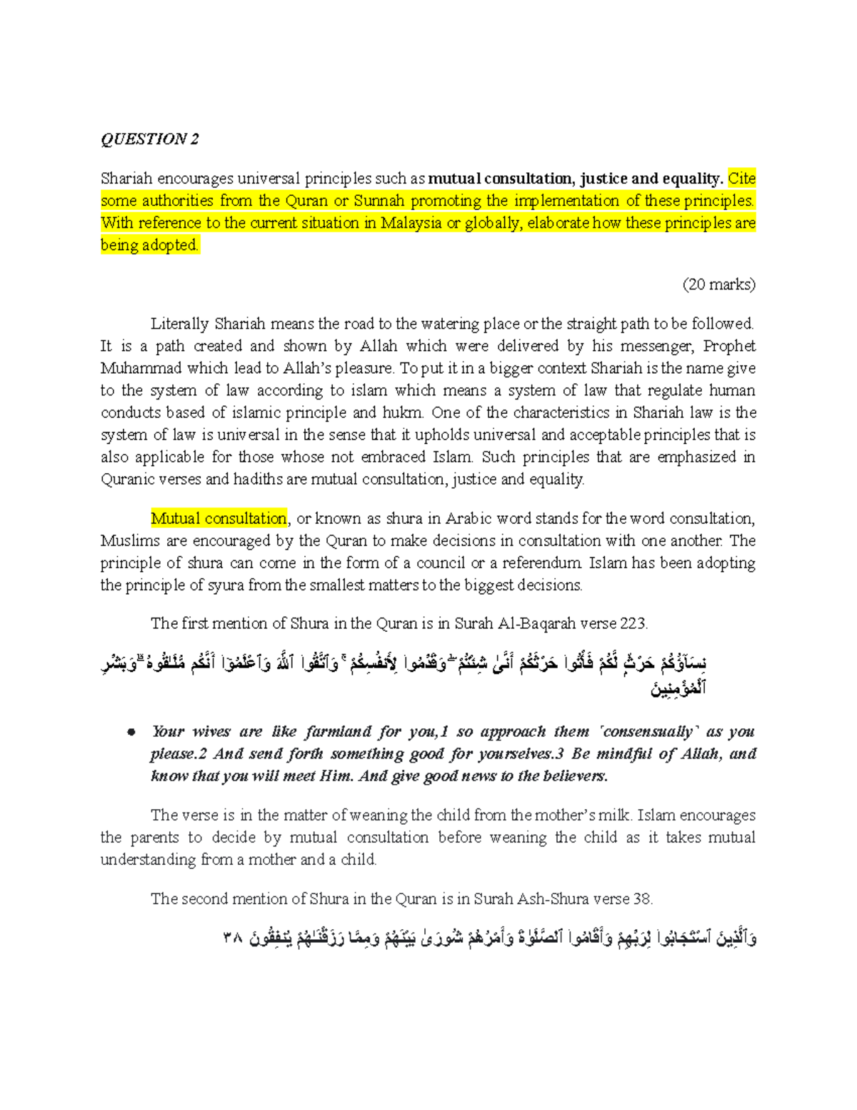 MILS Tutorial Answers - QUESTION 2 Shariah encourages universal ...